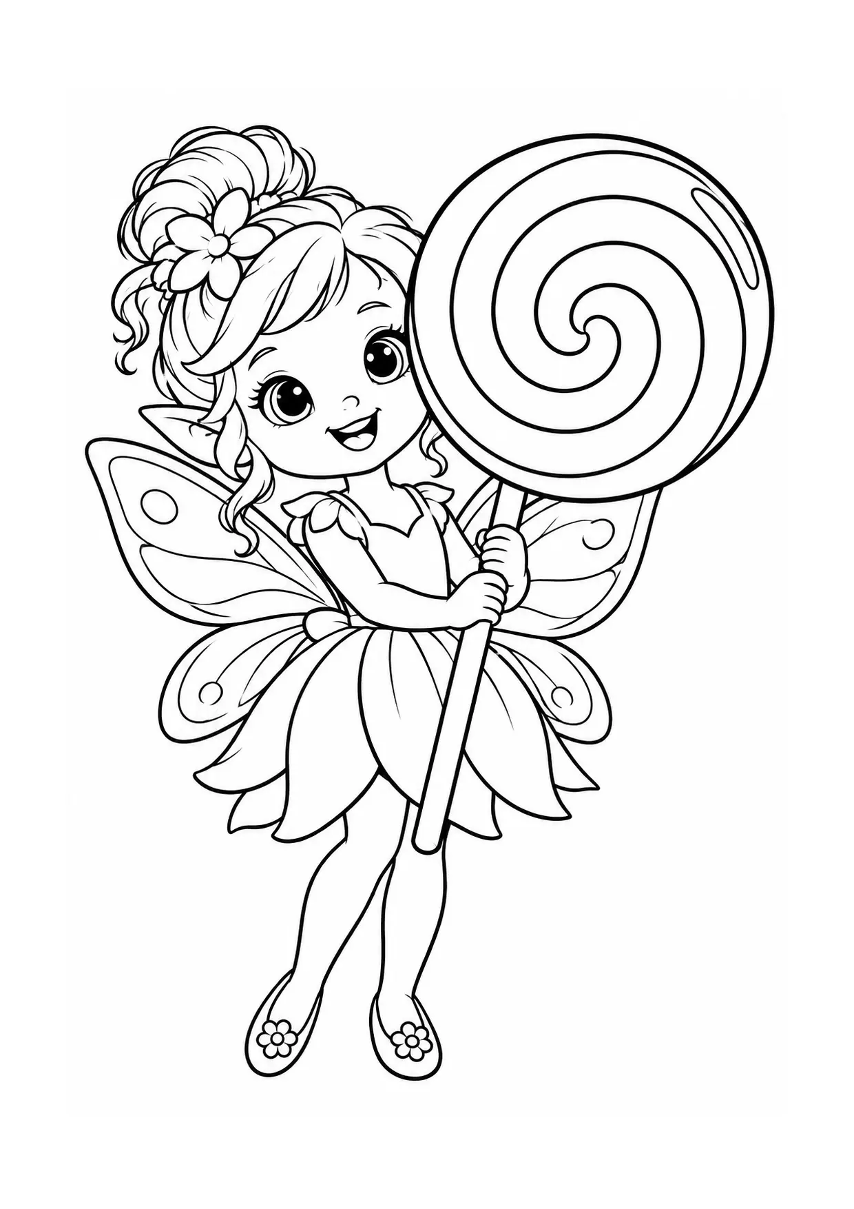 Coloriage Sucette : fée à imprimer représentant fée en dessin noir et blanc