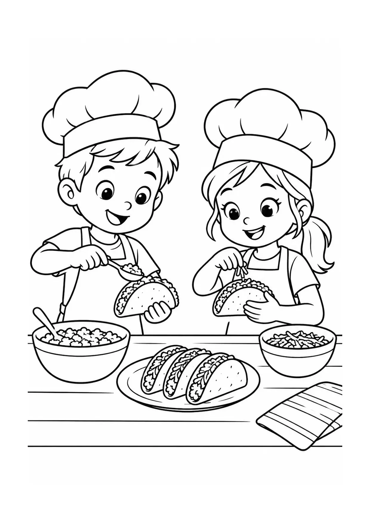 Coloriage Tacos : enfants – modèle 15 à imprimer représentant enfants en dessin noir et blanc