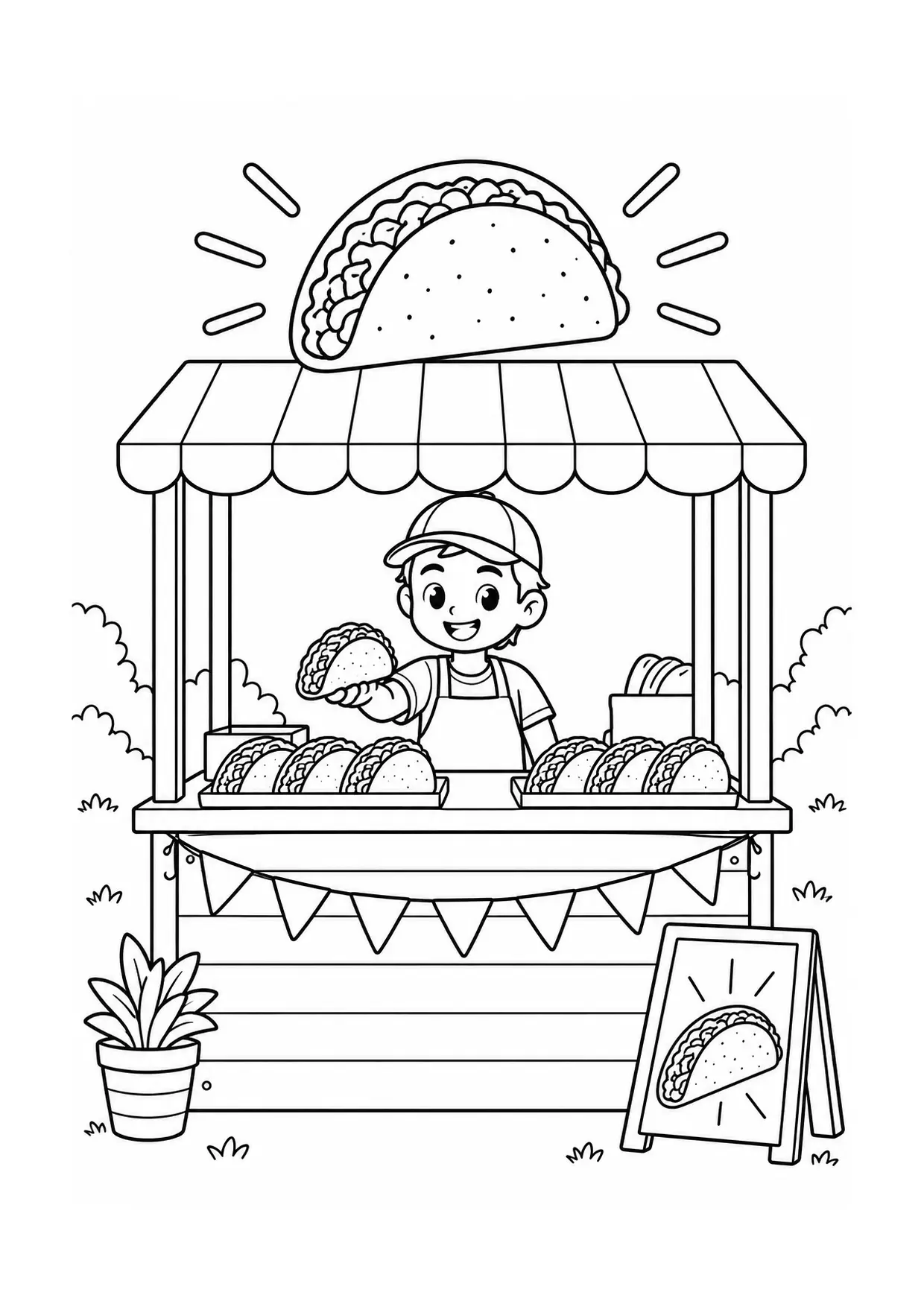 Coloriage Tacos : stand à imprimer représentant stand en dessin noir et blanc