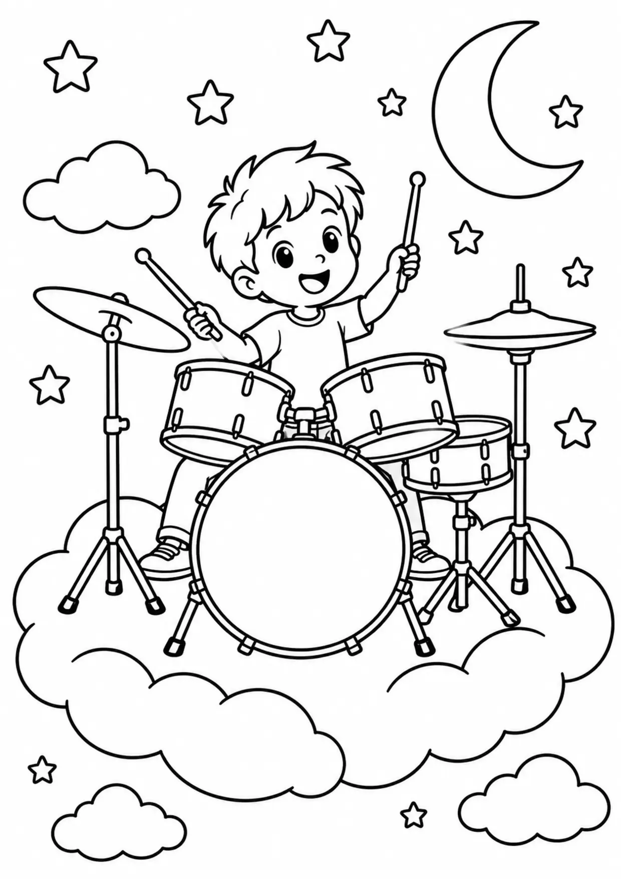 Coloriage batterie : nuage à imprimer montrant nuage, dessin noir et blanc