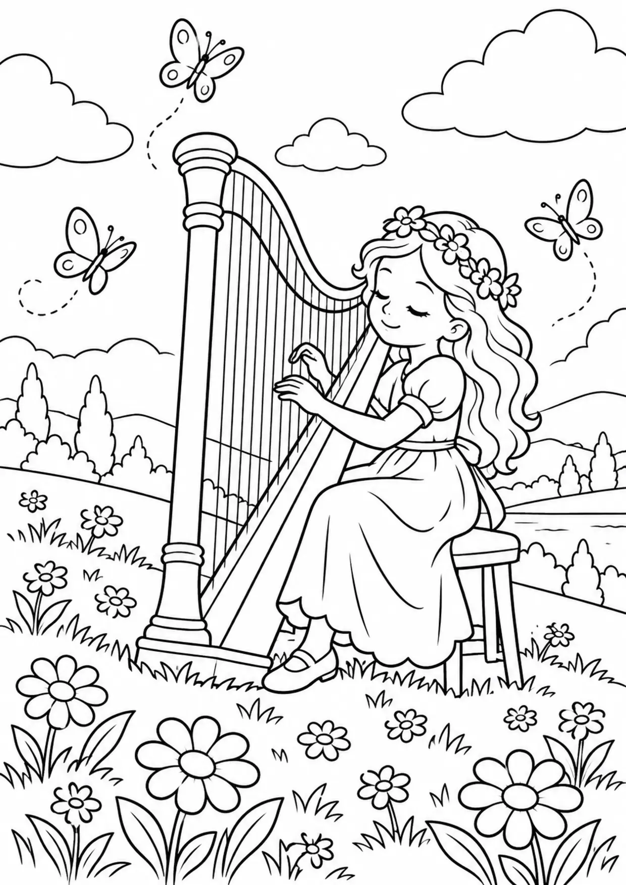 Coloriage harpe : colline fleurs à imprimer montrant colline fleurs, dessin noir et blanc