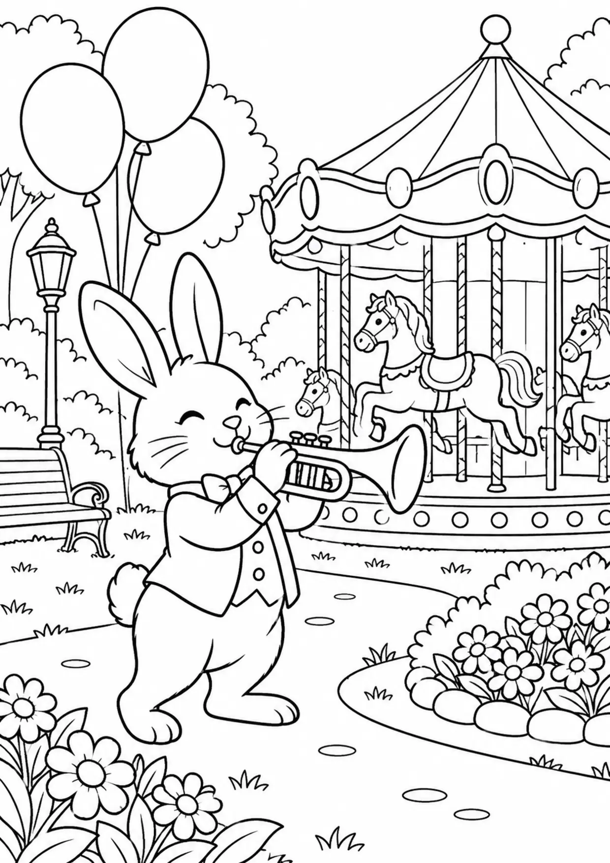 Coloriage trompette : lapin manege