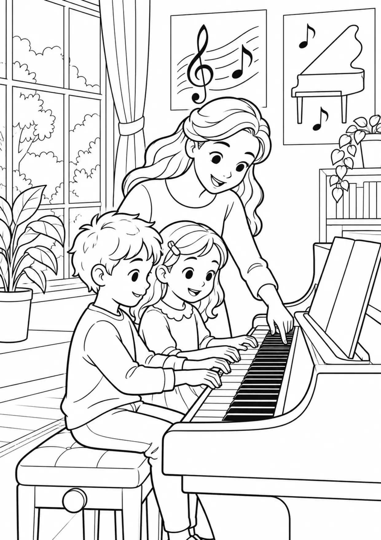 Coloriage piano : cours musique à imprimer montrant cours musique, dessin noir et blanc