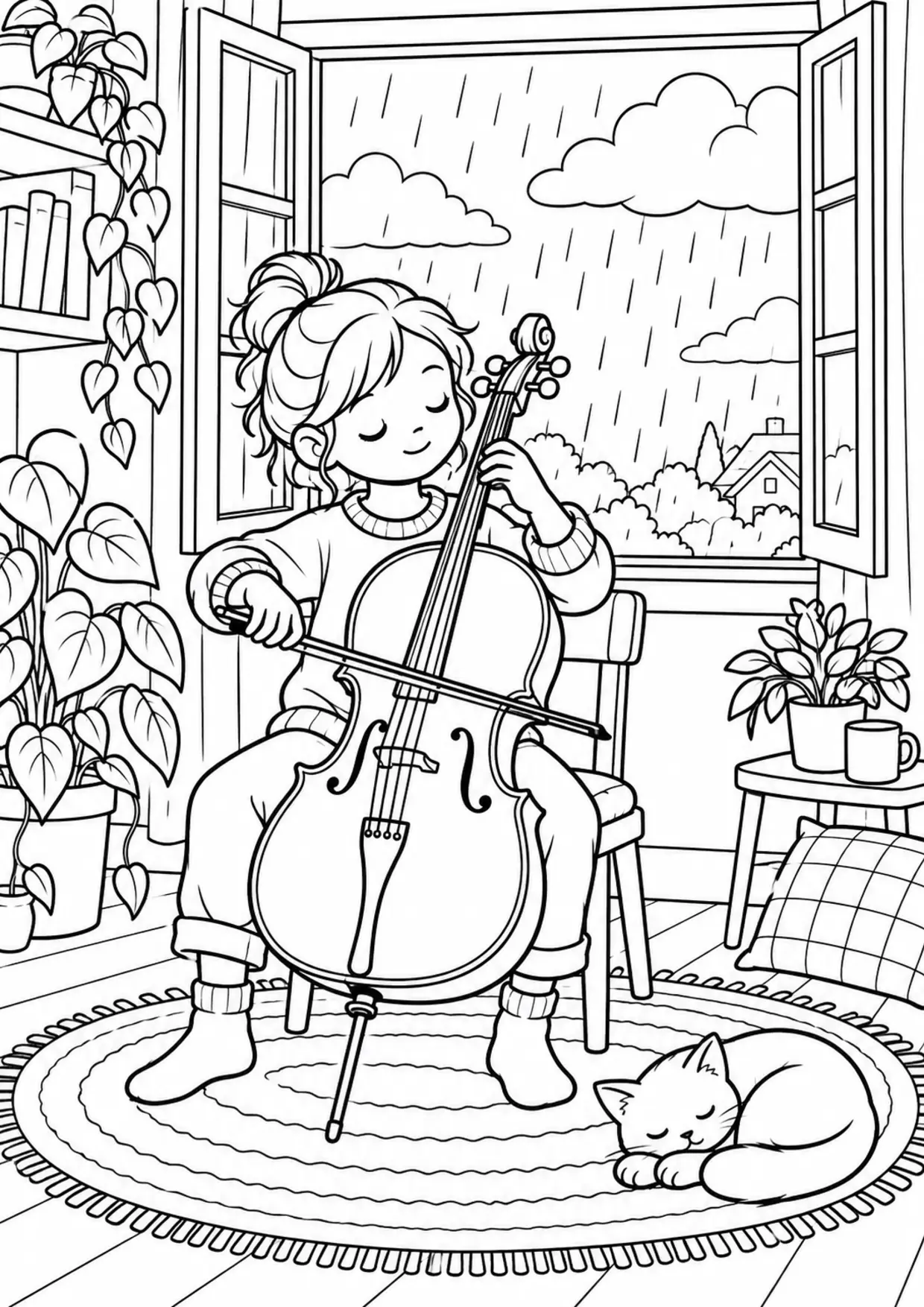 Coloriage violoncelle : pluie fenetre à imprimer montrant pluie fenetre, dessin noir et blanc