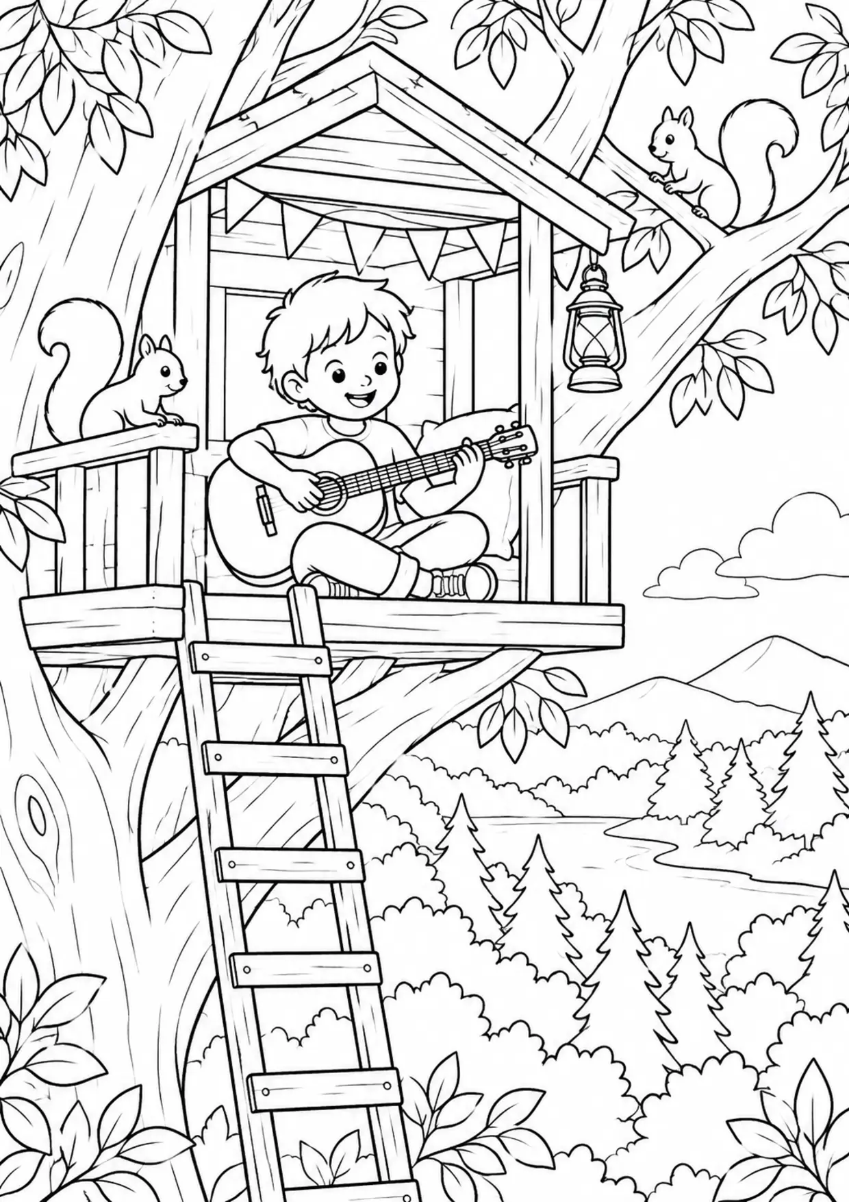 Coloriage guitare : cabane arbre