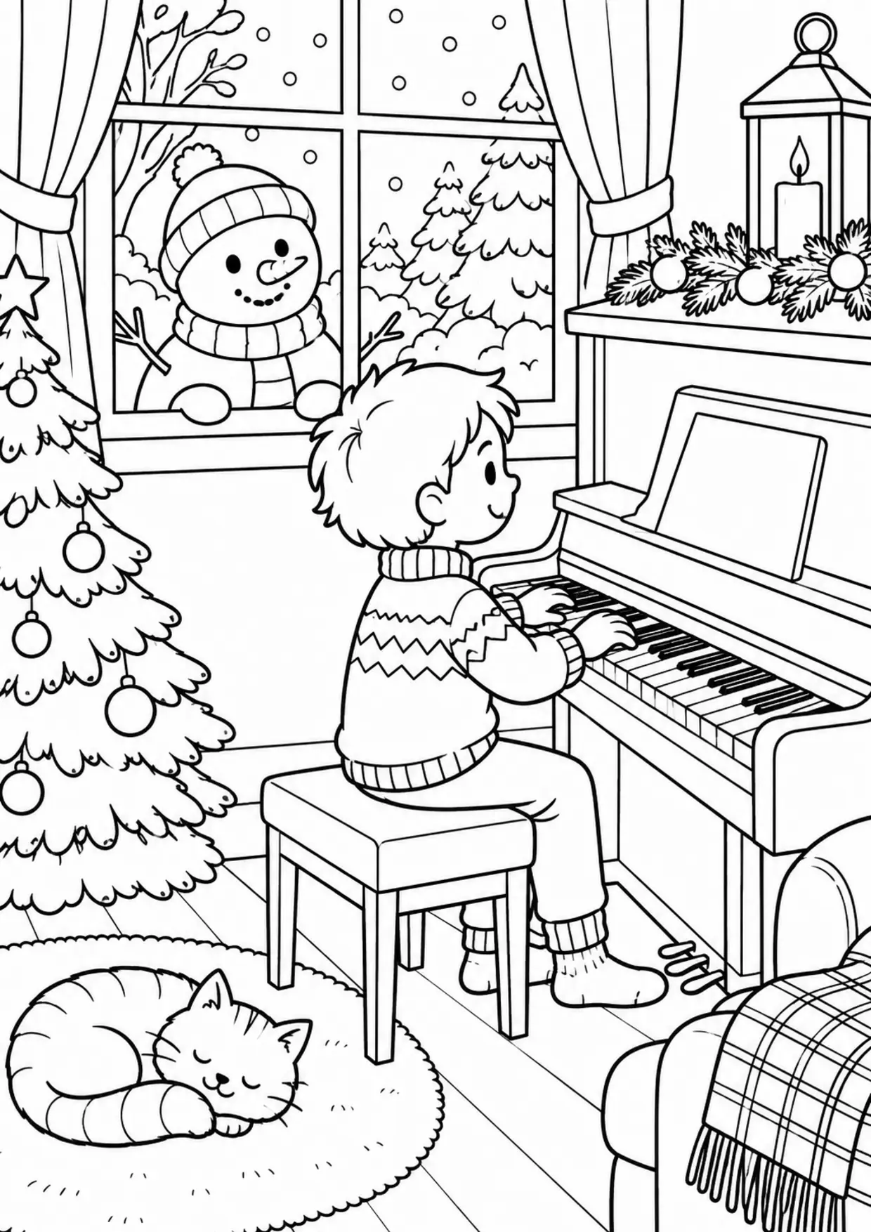 Coloriage piano : neige fenetre à imprimer montrant neige fenetre, dessin noir et blanc