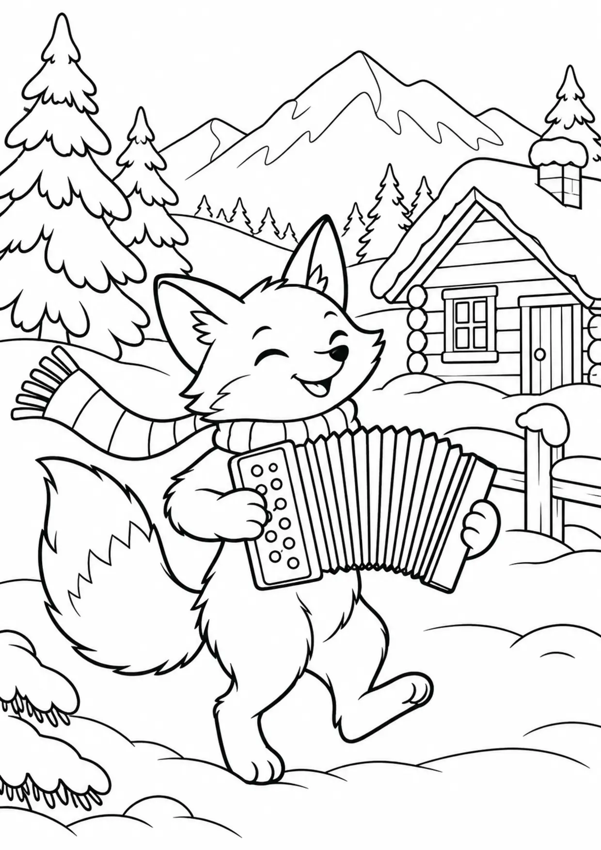 Coloriage accordéon : renard montagne à imprimer montrant renard montagne, dessin noir et blanc