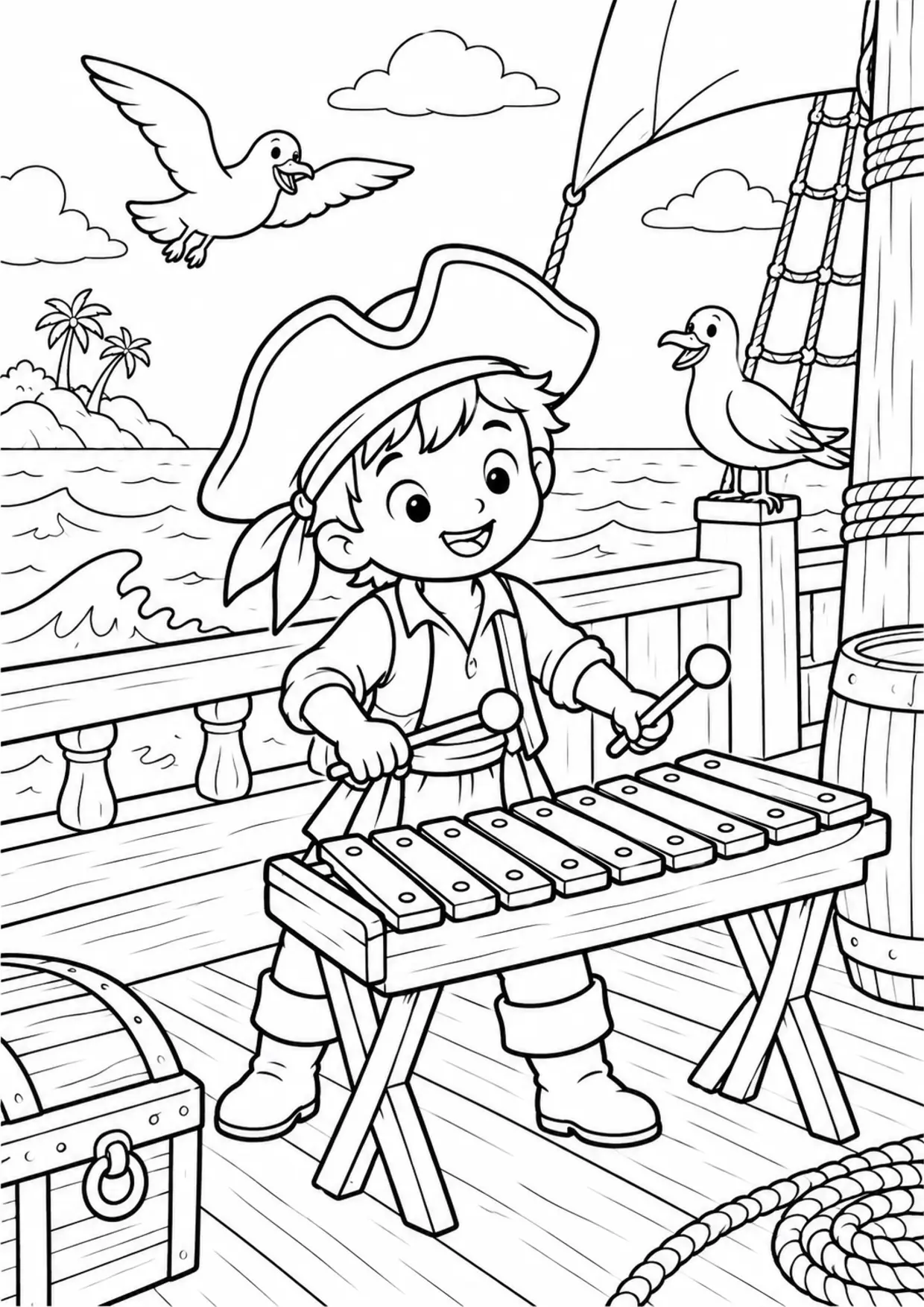 Coloriage xylophone : bateau pirate à imprimer montrant bateau pirate, dessin noir et blanc