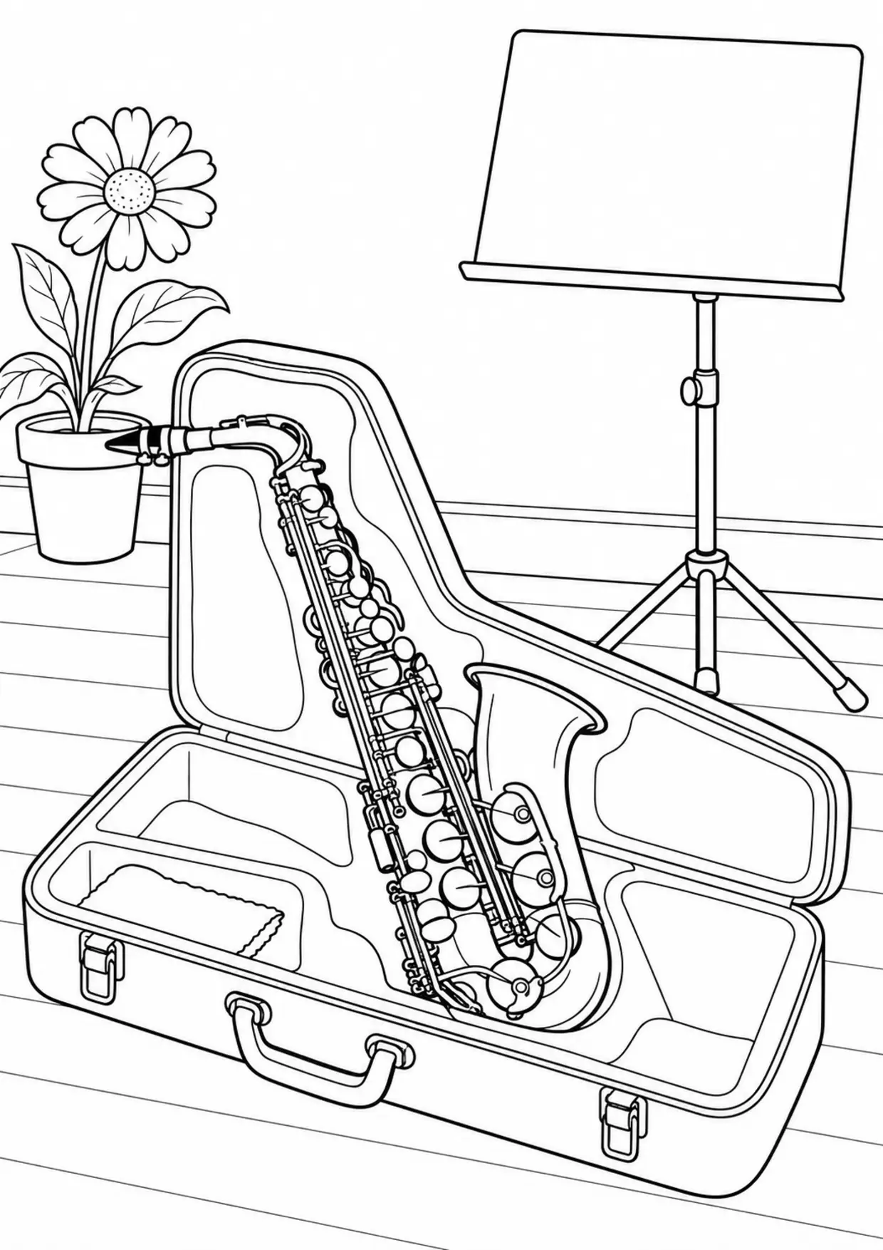 Coloriage saxophone : etui à imprimer montrant etui, dessin noir et blanc