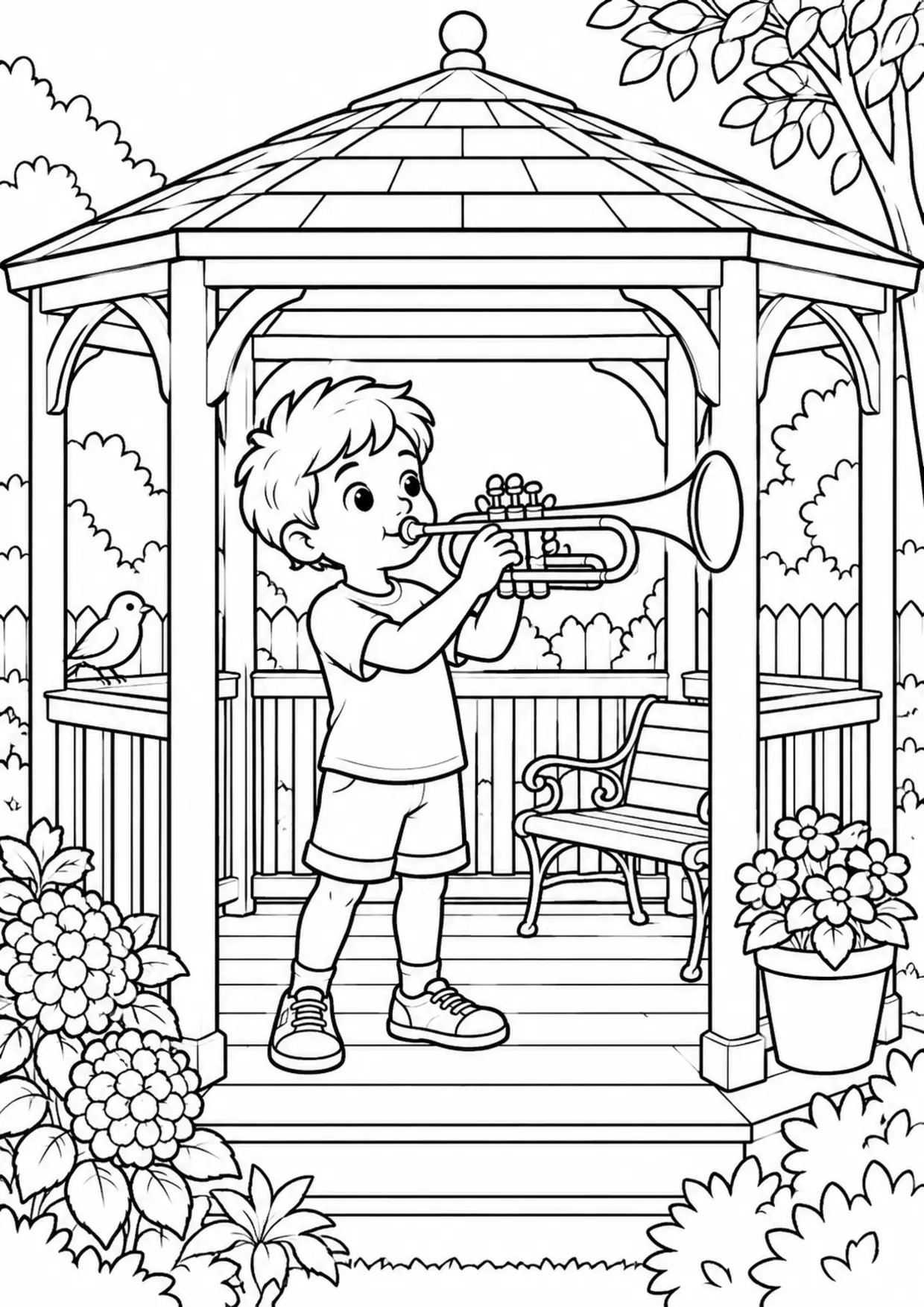 Coloriage trompette : kiosque à imprimer montrant kiosque, dessin noir et blanc