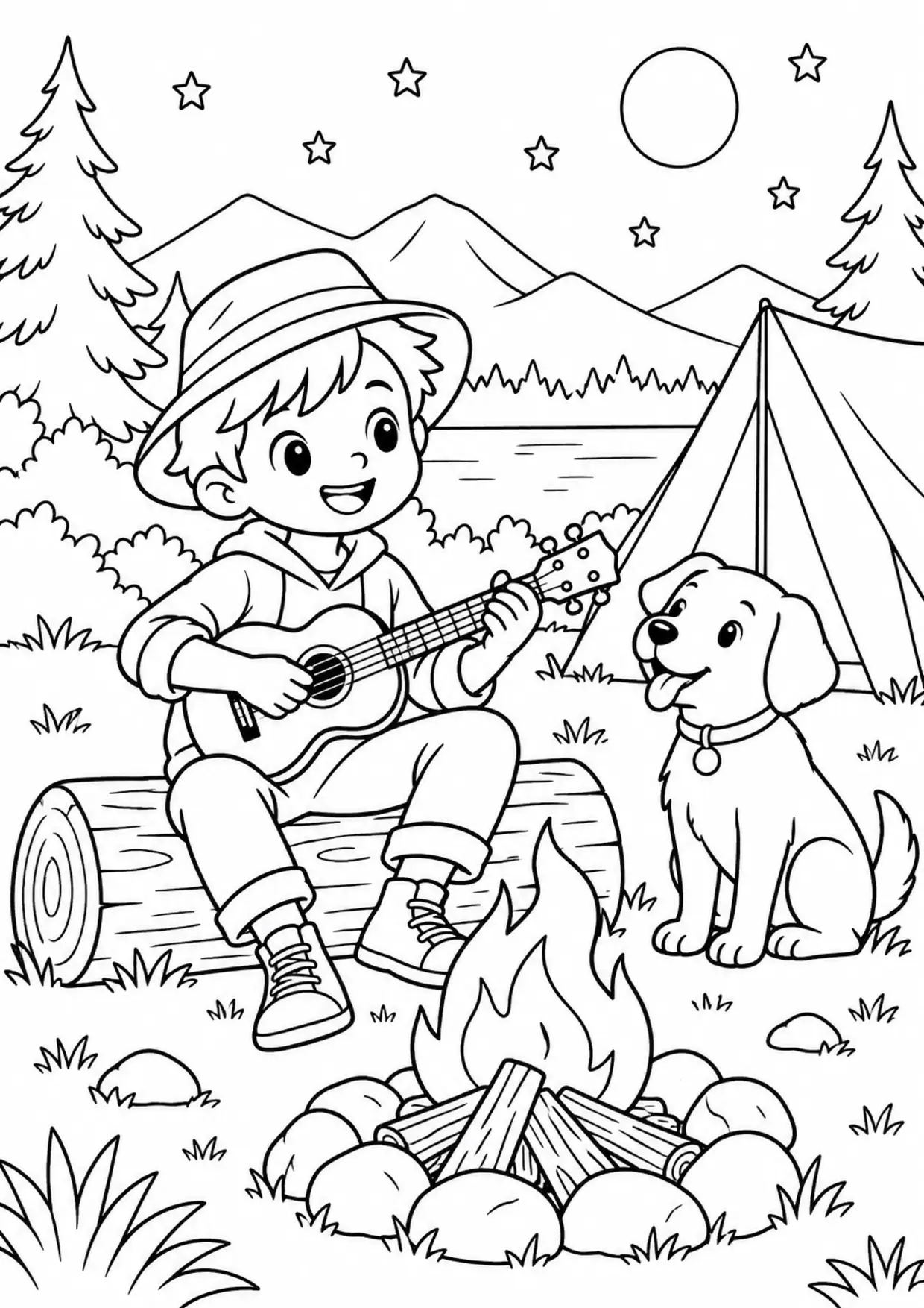 Coloriage ukulélé : camping à imprimer montrant camping, dessin noir et blanc
