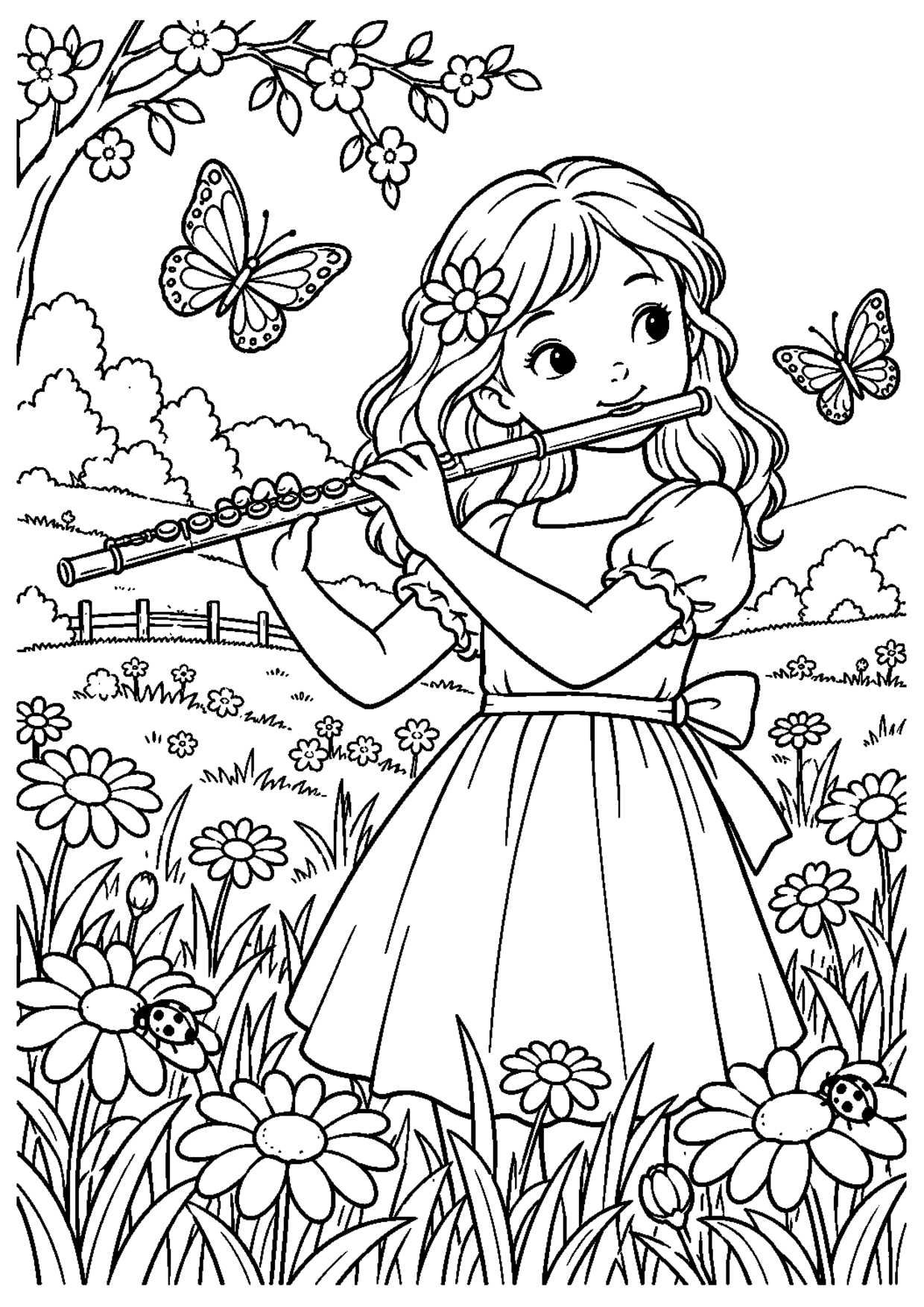 Coloriage flûte : 008 prairie à imprimer montrant 008 prairie, dessin noir et blanc