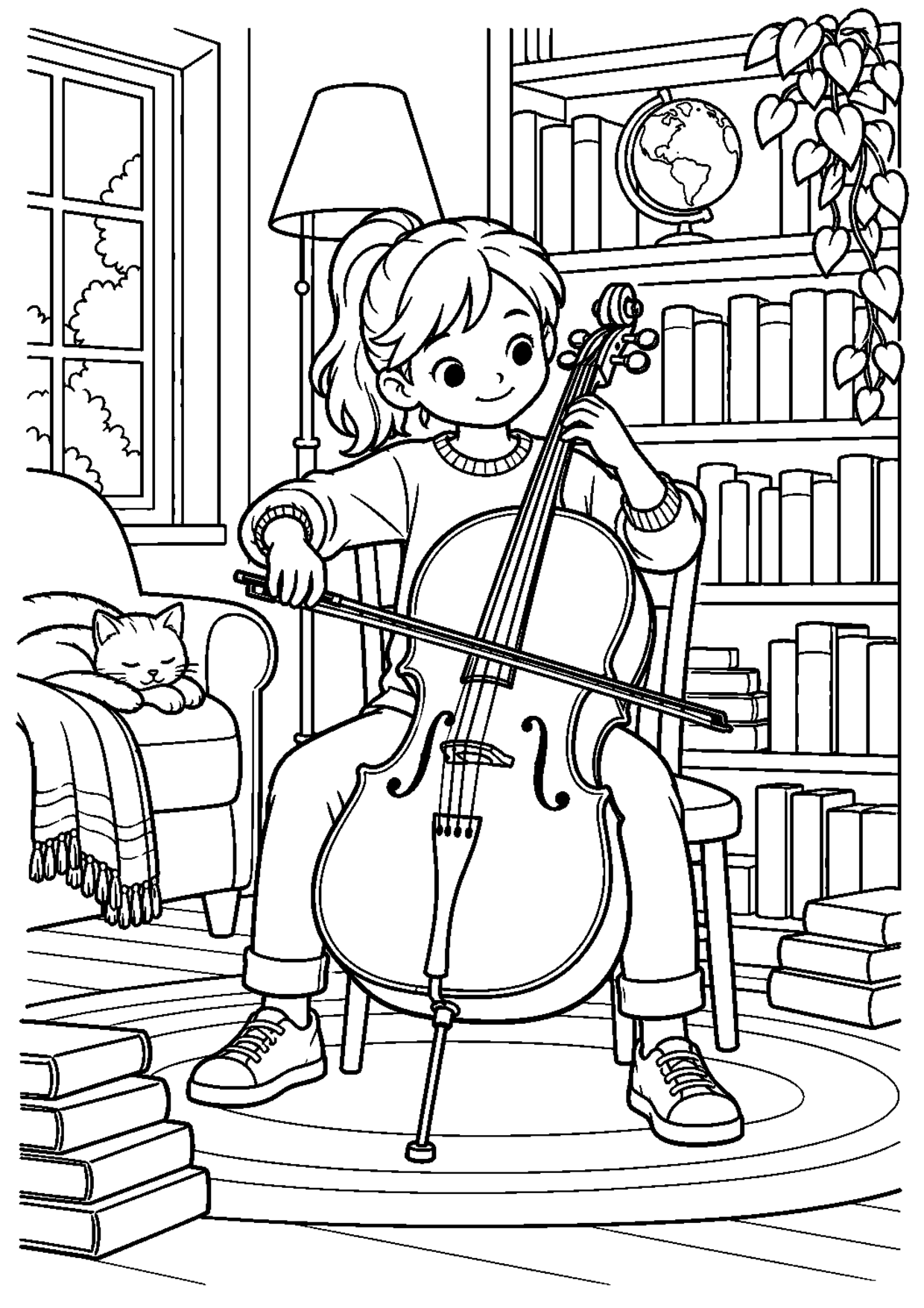 Coloriage violoncelle : 012 bibliotheque à imprimer montrant 012 bibliotheque, dessin noir et blanc