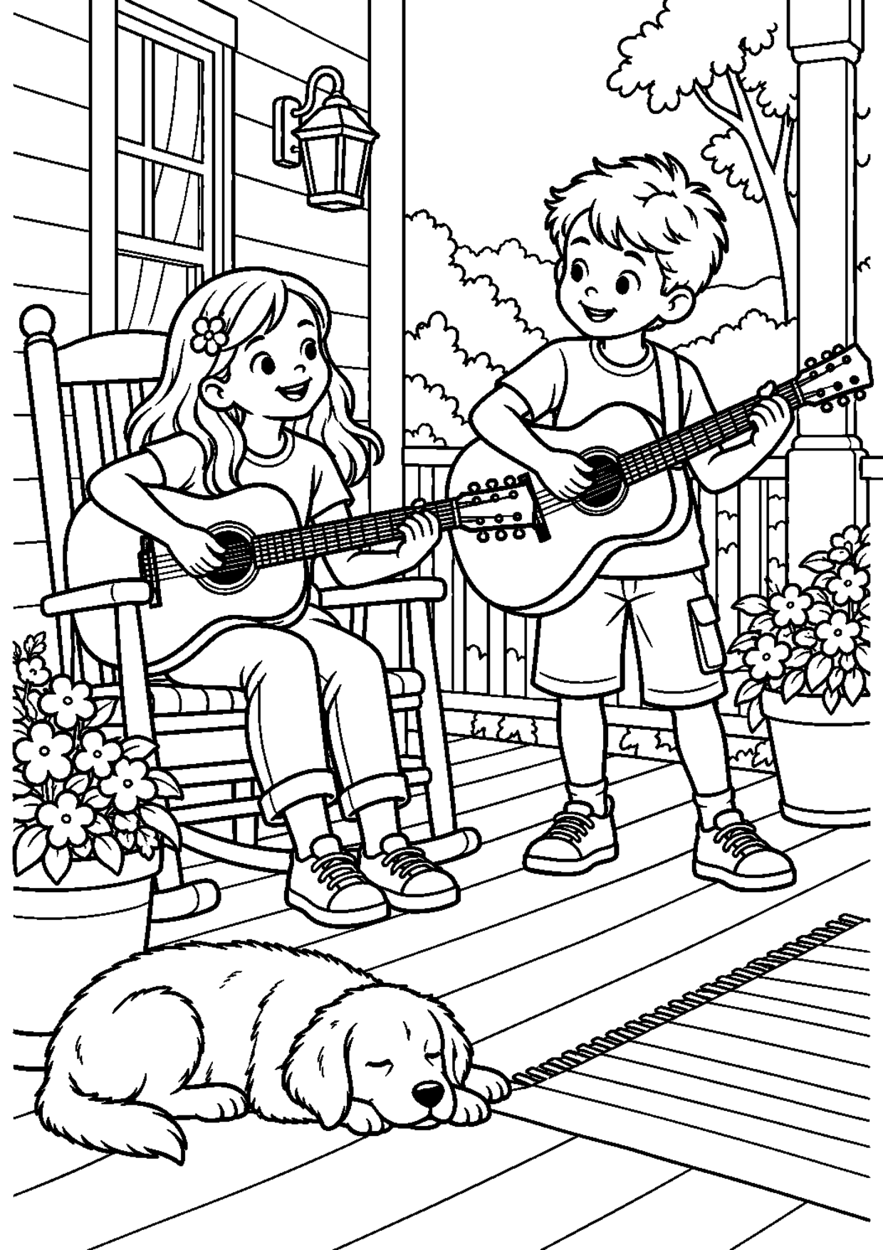 Coloriage guitare : 013 duo guitares à imprimer montrant 013 duo guitares, dessin noir et blanc