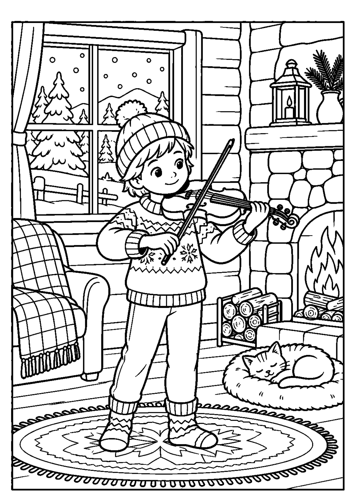 Coloriage violon : 015 hiver à imprimer montrant 015 hiver, dessin noir et blanc