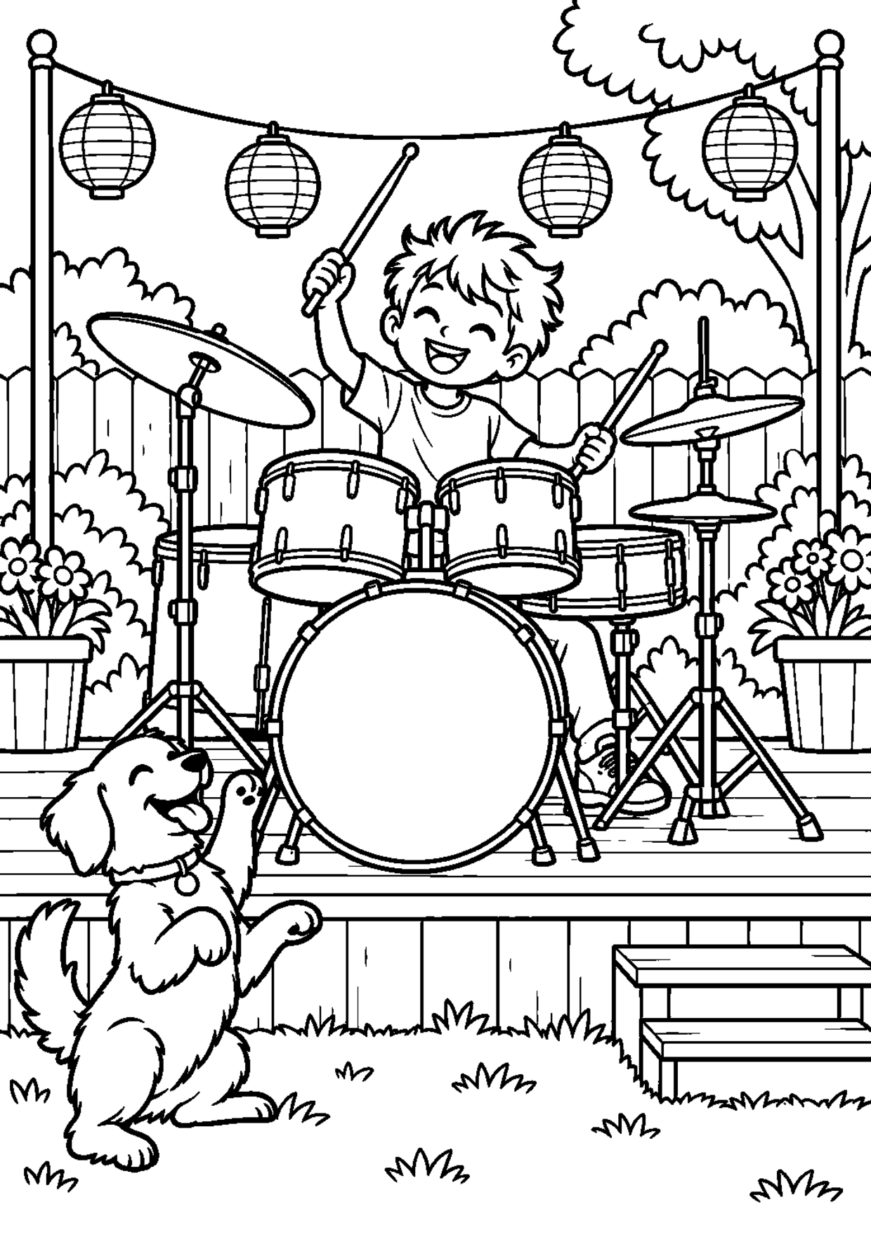 Coloriage batterie : 016 jardin à imprimer montrant 016 jardin, dessin noir et blanc