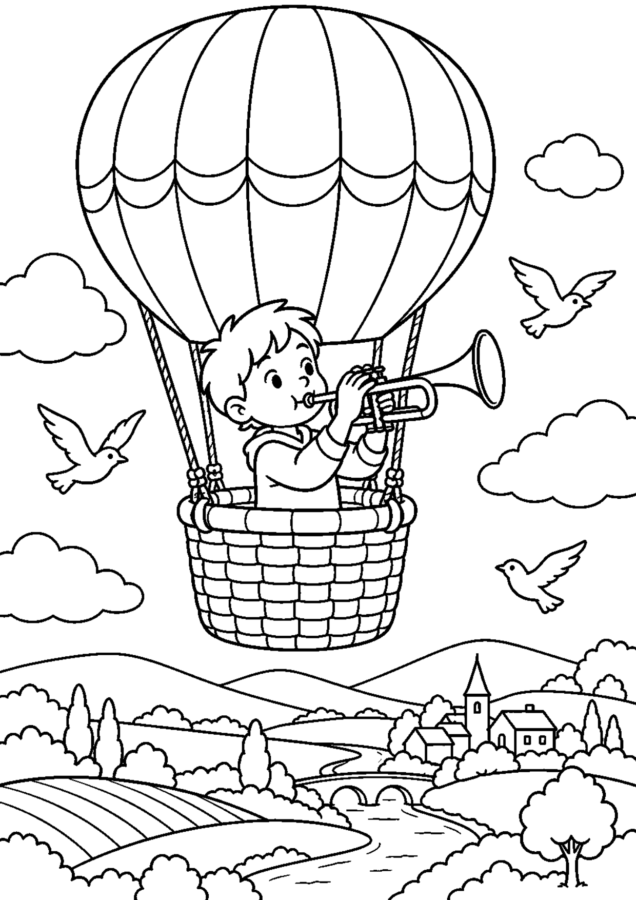 Coloriage trompette : 019 montgolfiere à imprimer montrant 019 montgolfiere, dessin noir et blanc