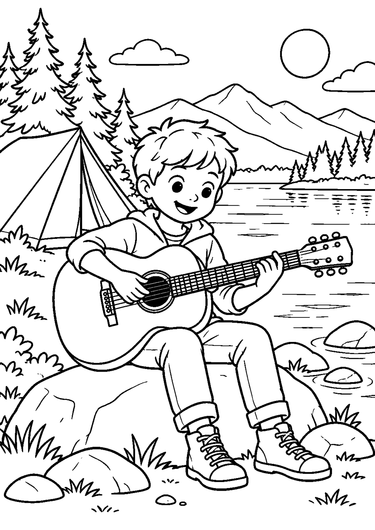 Coloriage guitare : 001 lac à imprimer montrant 001 lac, dessin noir et blanc