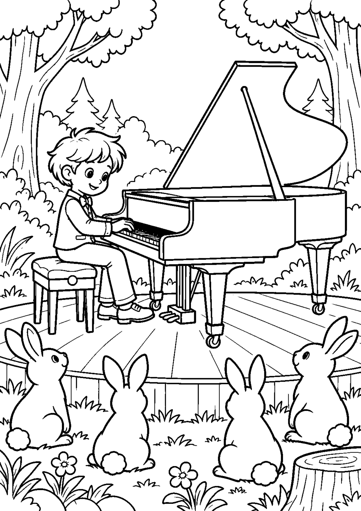 Coloriage piano : 004 forêt à imprimer montrant 004 forêt, dessin noir et blanc