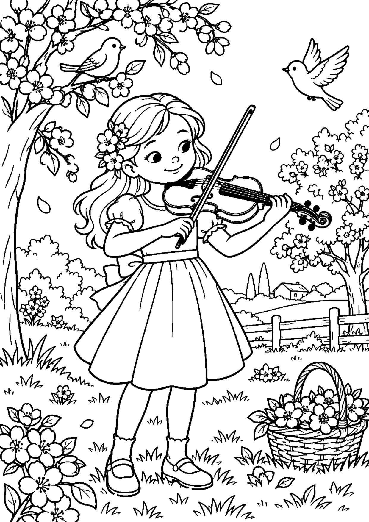 Coloriage violon : 006 verger à imprimer montrant 006 verger, dessin noir et blanc