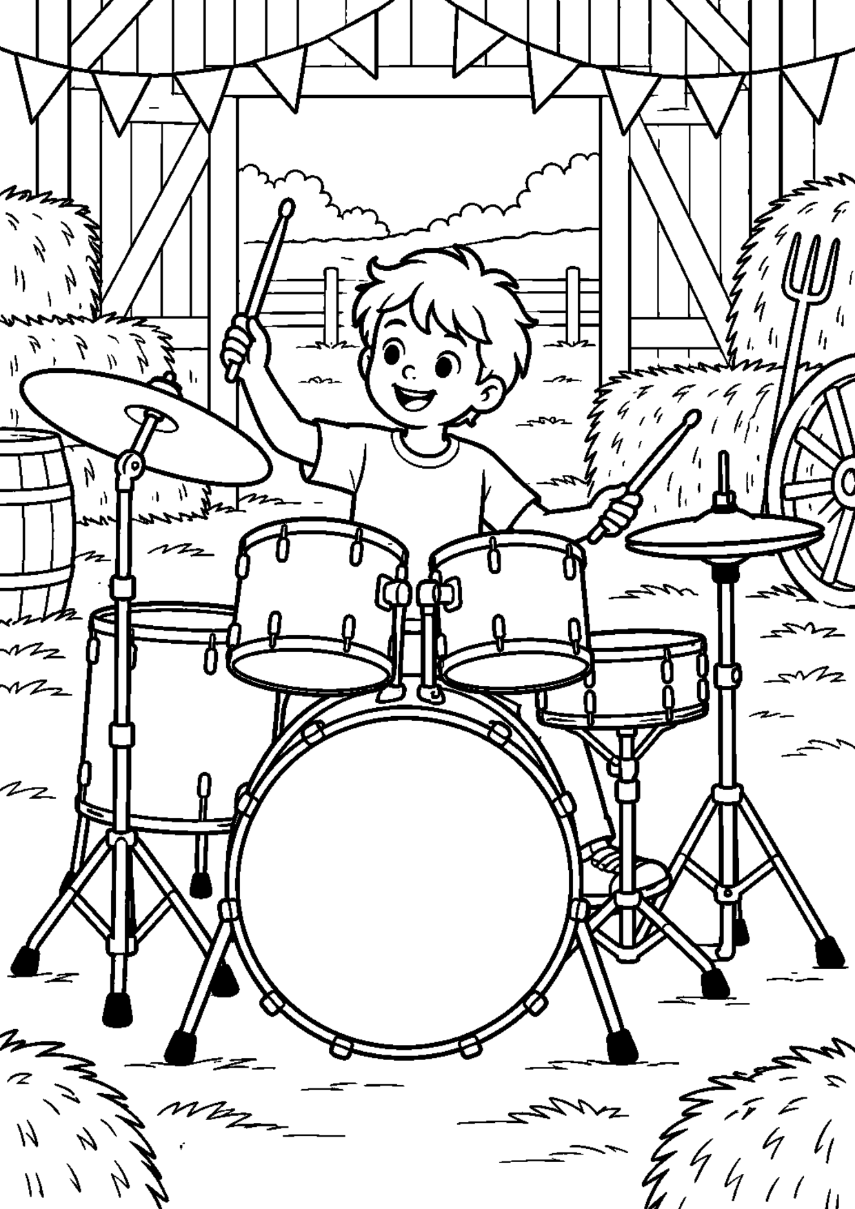 Coloriage batterie : 008 grange à imprimer montrant 008 grange, dessin noir et blanc