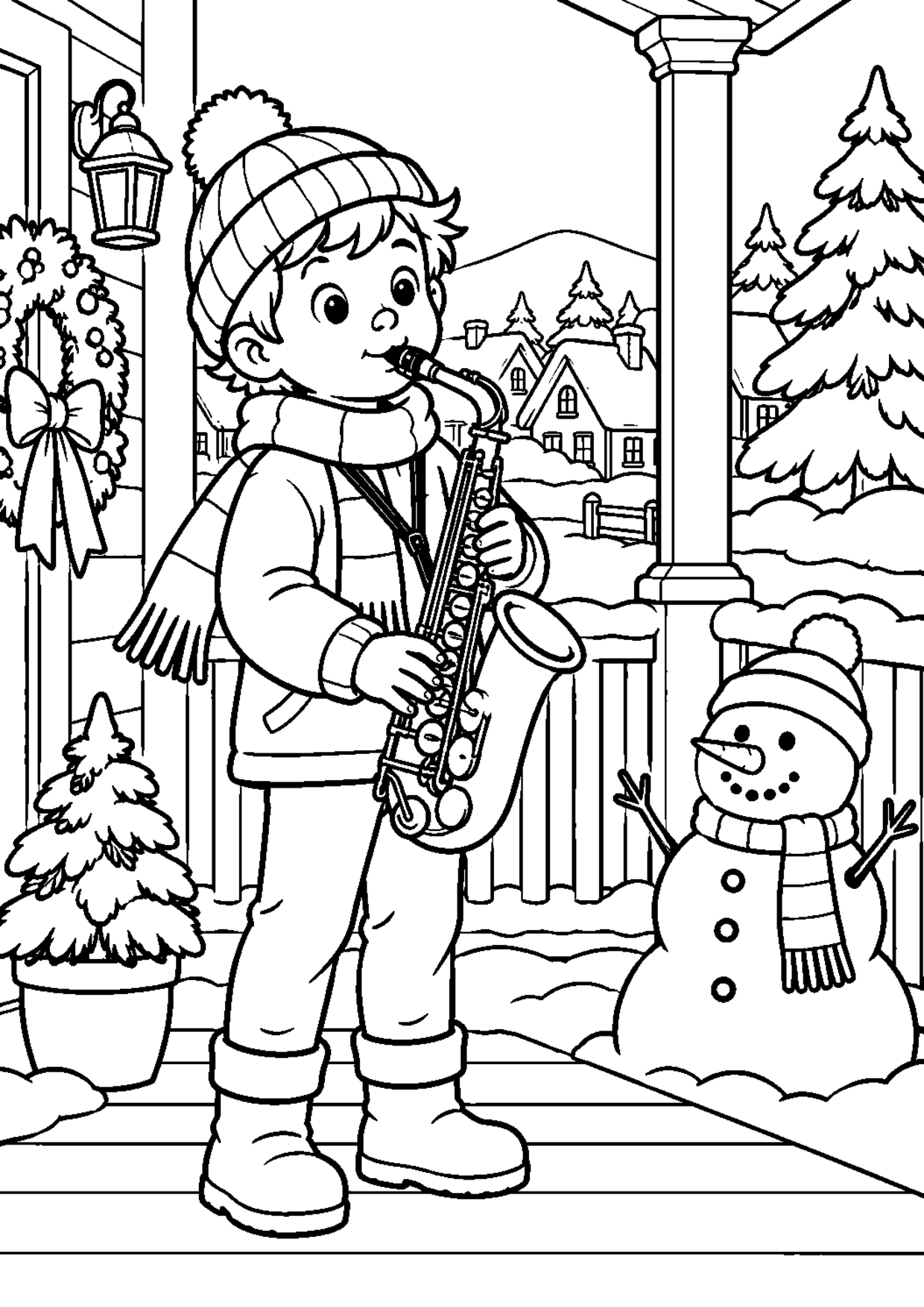Coloriage saxophone : 012 neige à imprimer montrant 012 neige, dessin noir et blanc