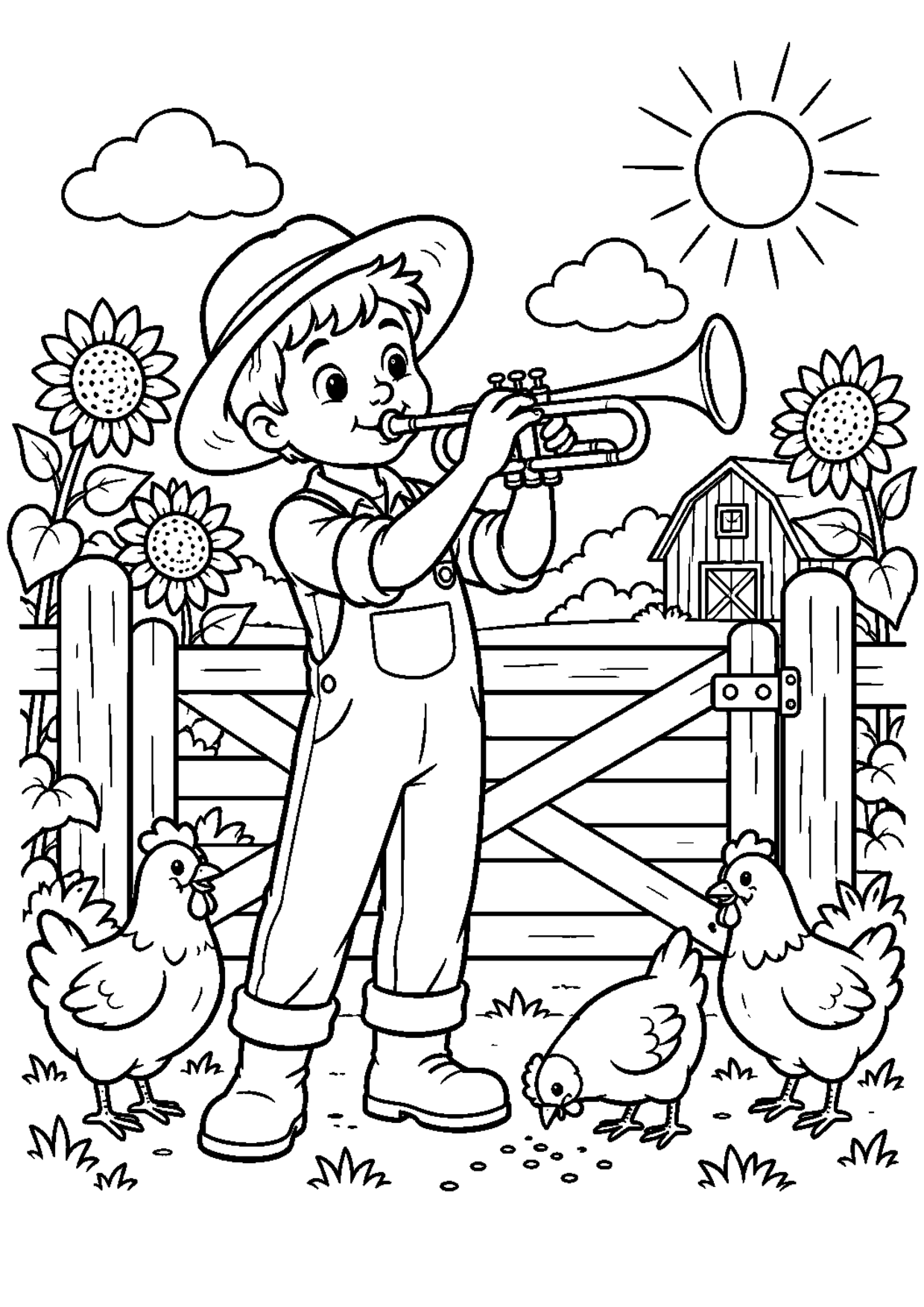 Coloriage trompette : 013 ferme à imprimer montrant 013 ferme, dessin noir et blanc