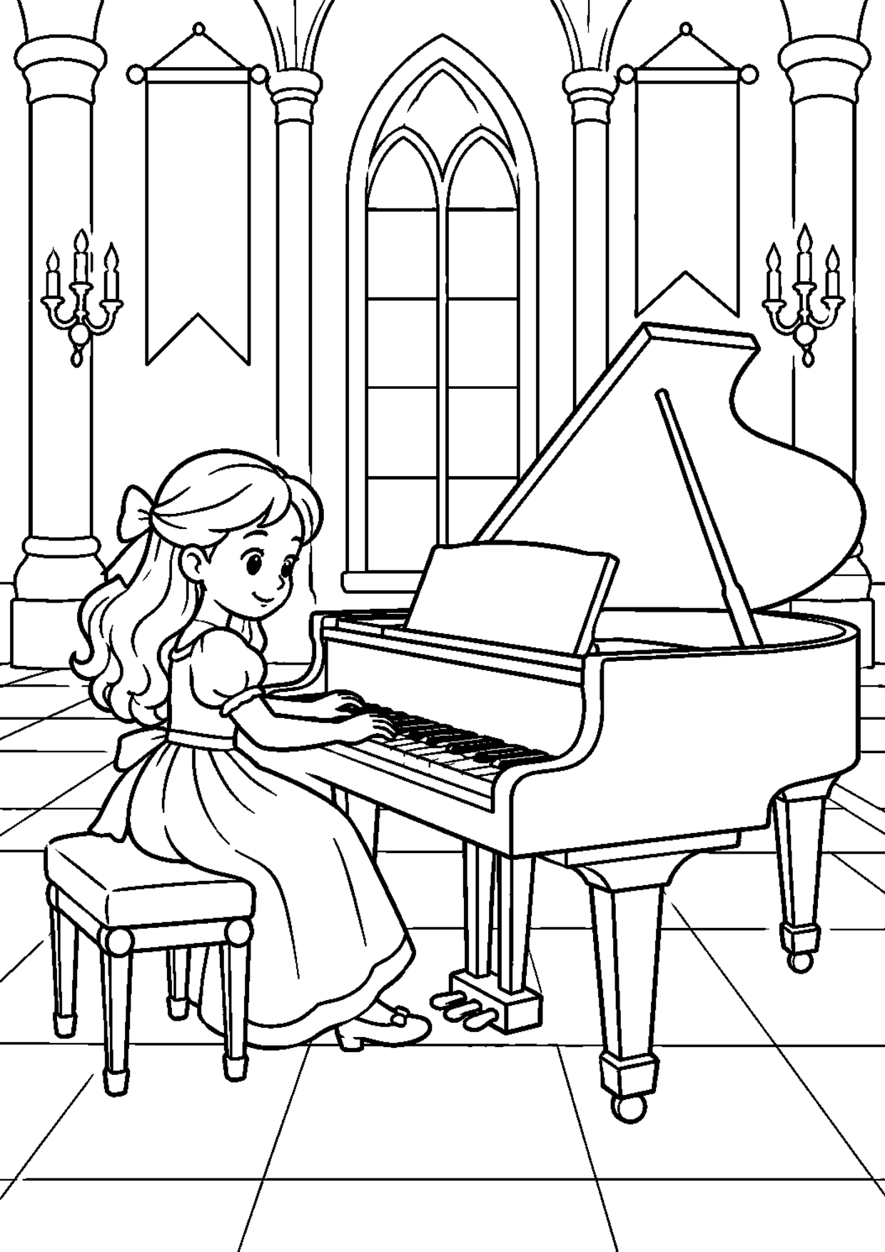 Coloriage piano : 004 chateau à imprimer montrant 004 chateau, dessin noir et blanc