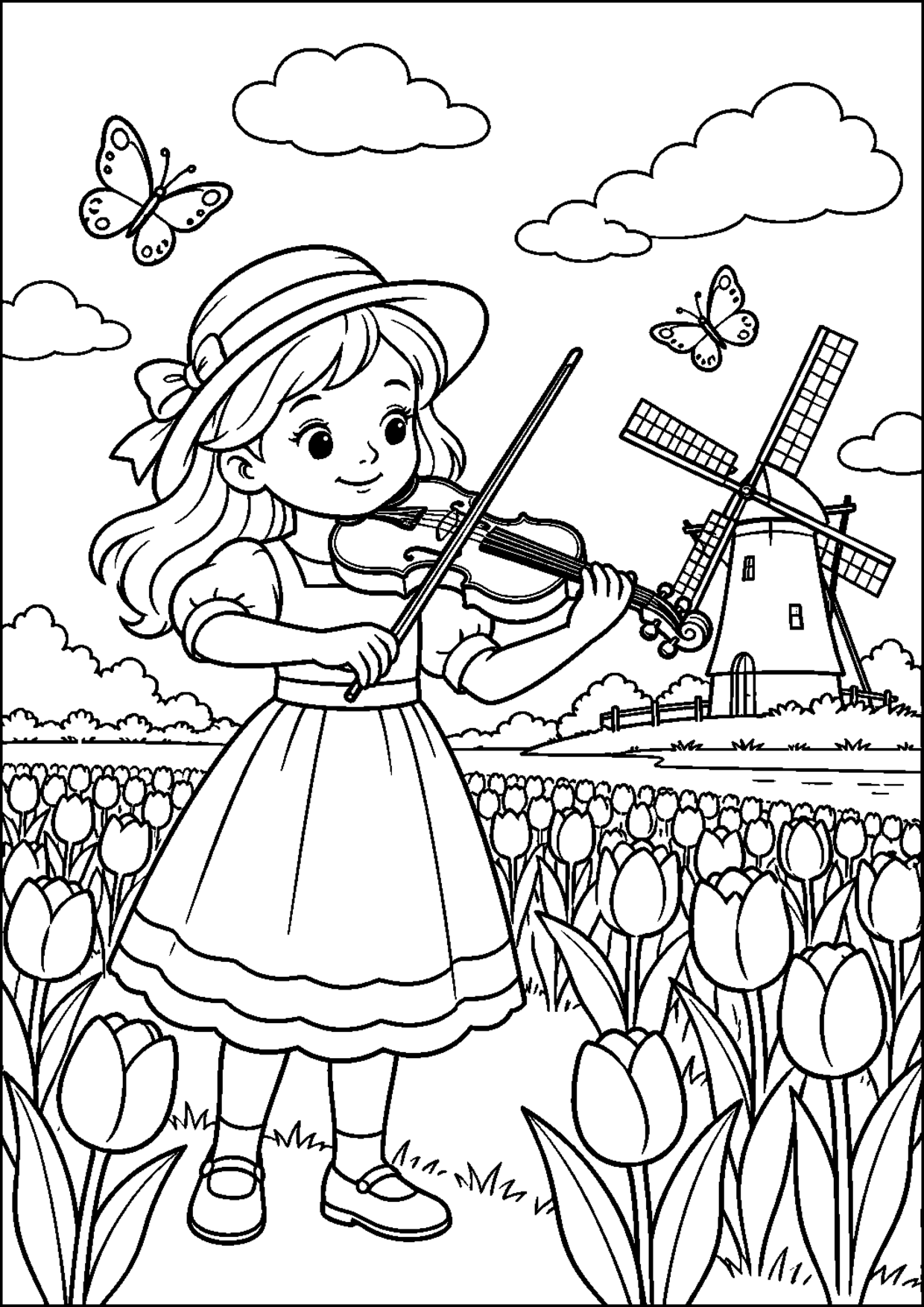 Coloriage violon : 005 moulin à imprimer montrant 005 moulin, dessin noir et blanc