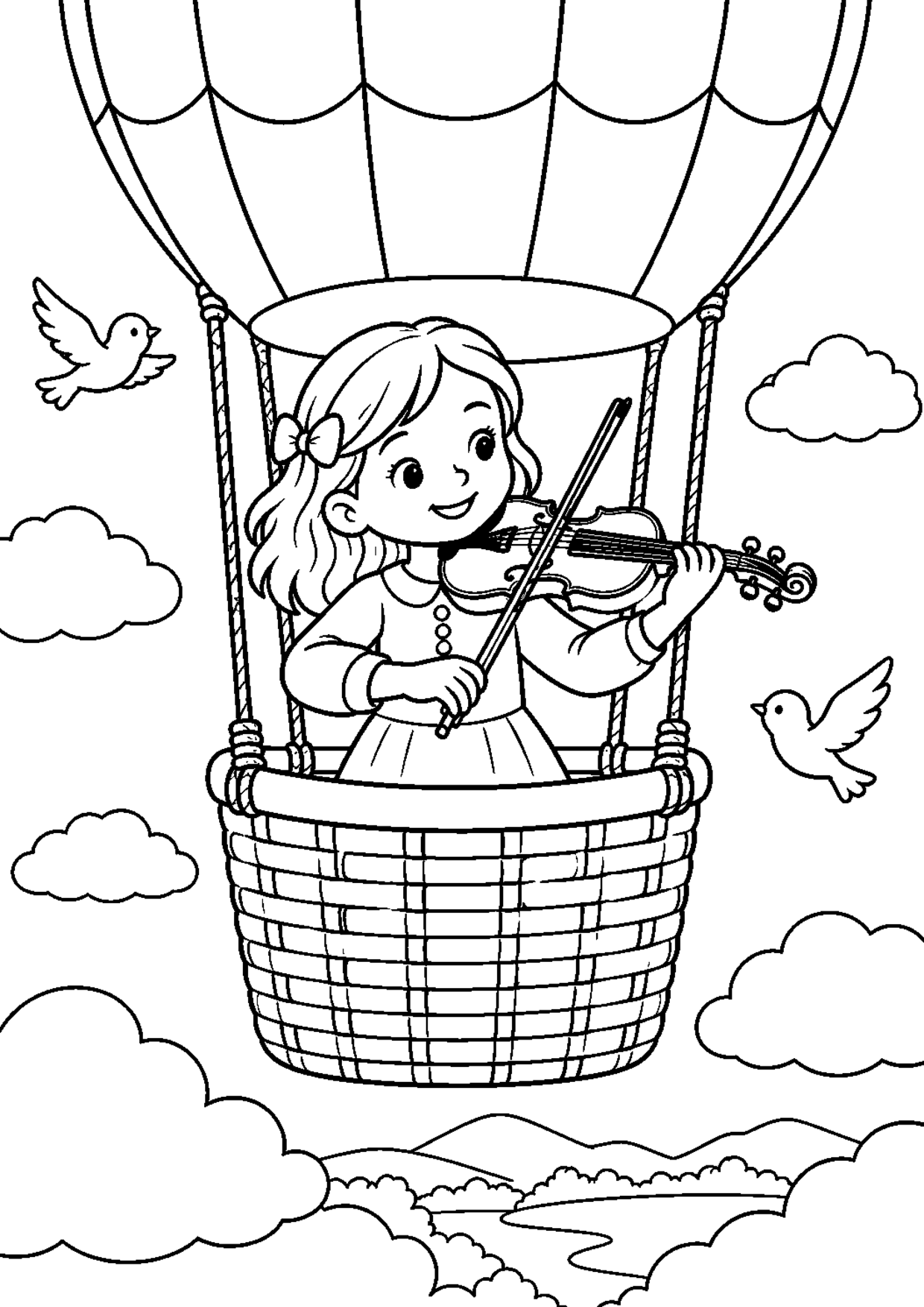 Coloriage violon : 006 montgolfiere à imprimer montrant 006 montgolfiere, dessin noir et blanc