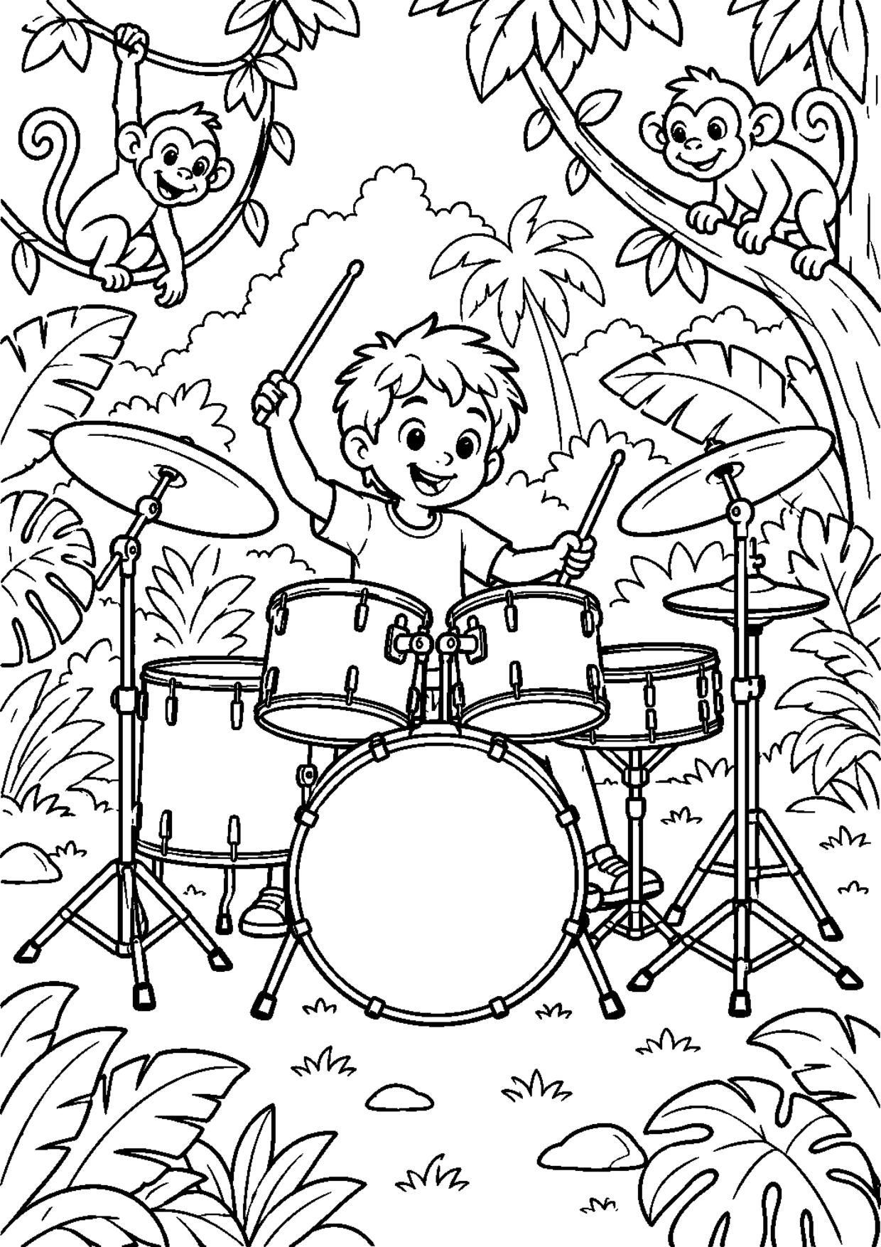 Coloriage batterie : 007 jungle à imprimer montrant 007 jungle, dessin noir et blanc
