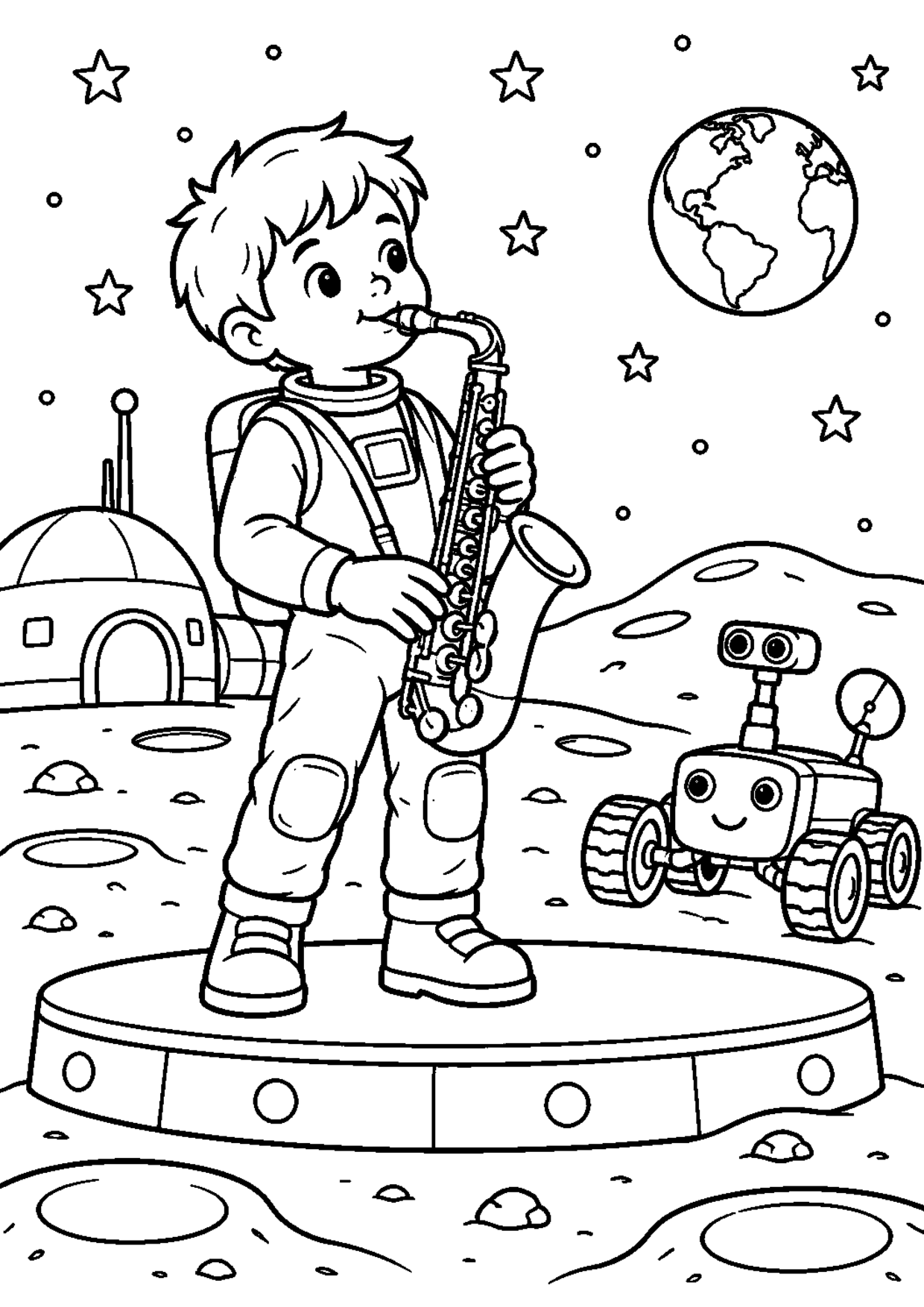 Coloriage saxophone : 012 lune à imprimer montrant 012 lune, dessin noir et blanc