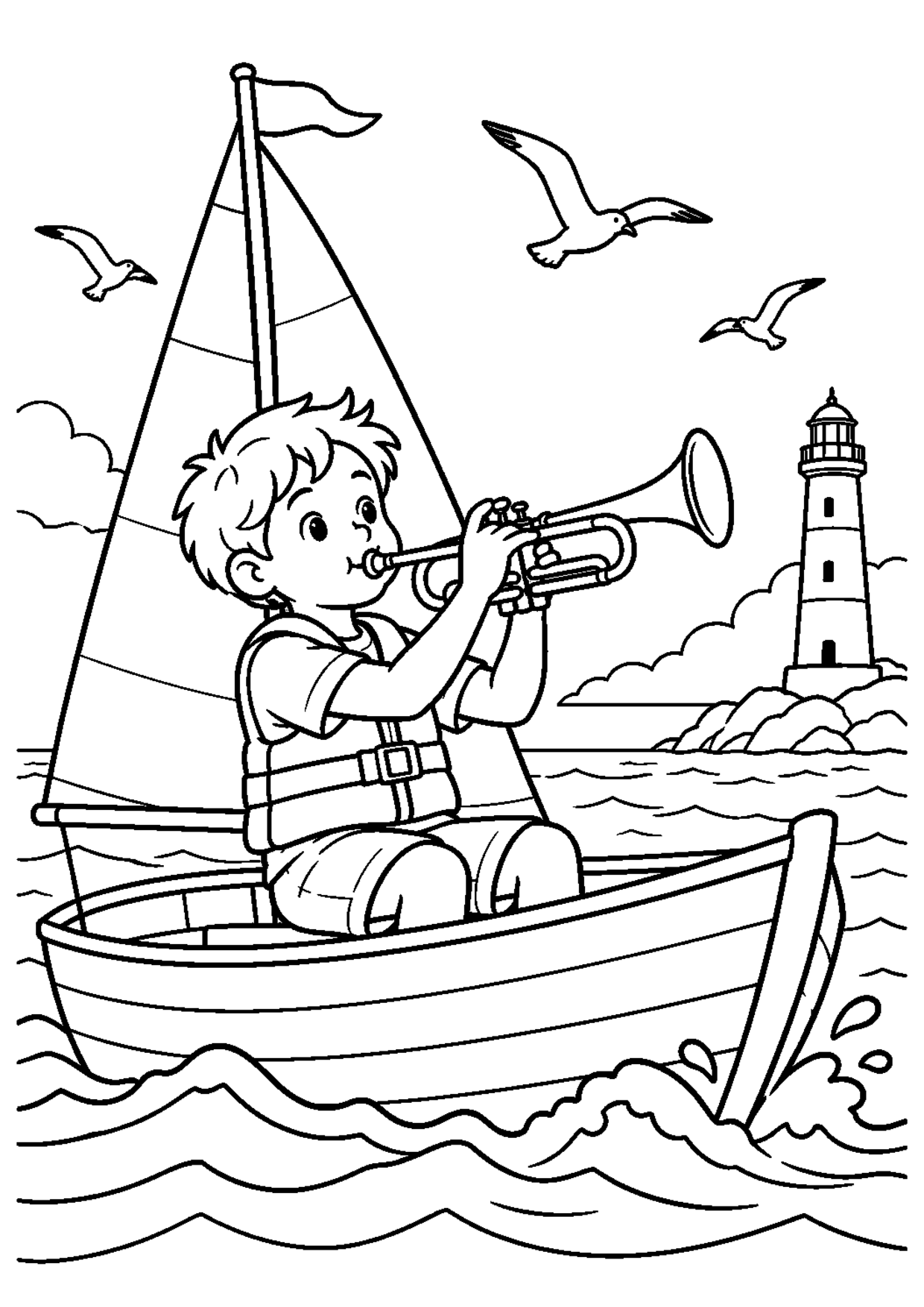 Coloriage trompette : 013 voilier à imprimer montrant 013 voilier, dessin noir et blanc