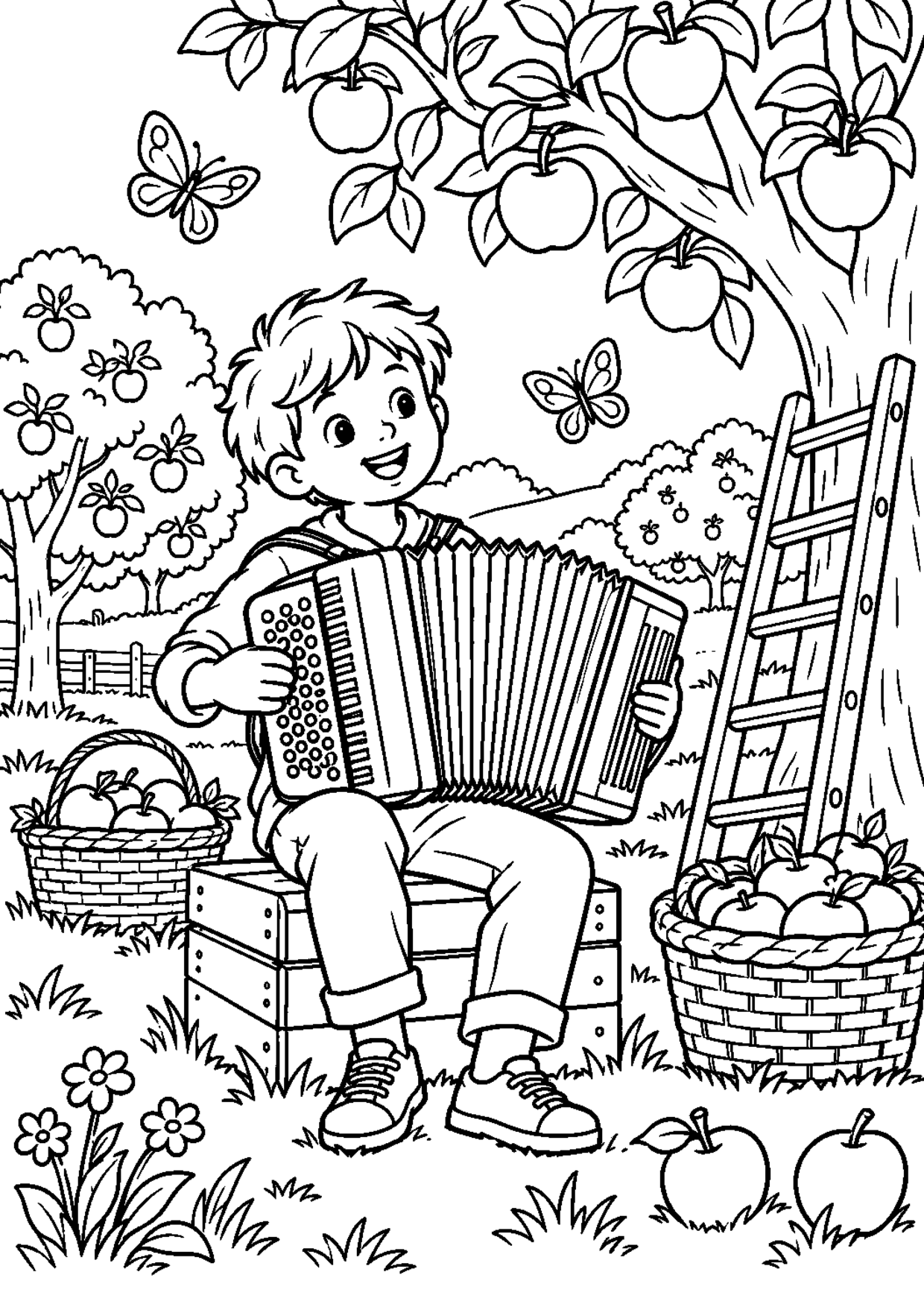 Coloriage accordéon : 017 verger à imprimer montrant 017 verger, dessin noir et blanc