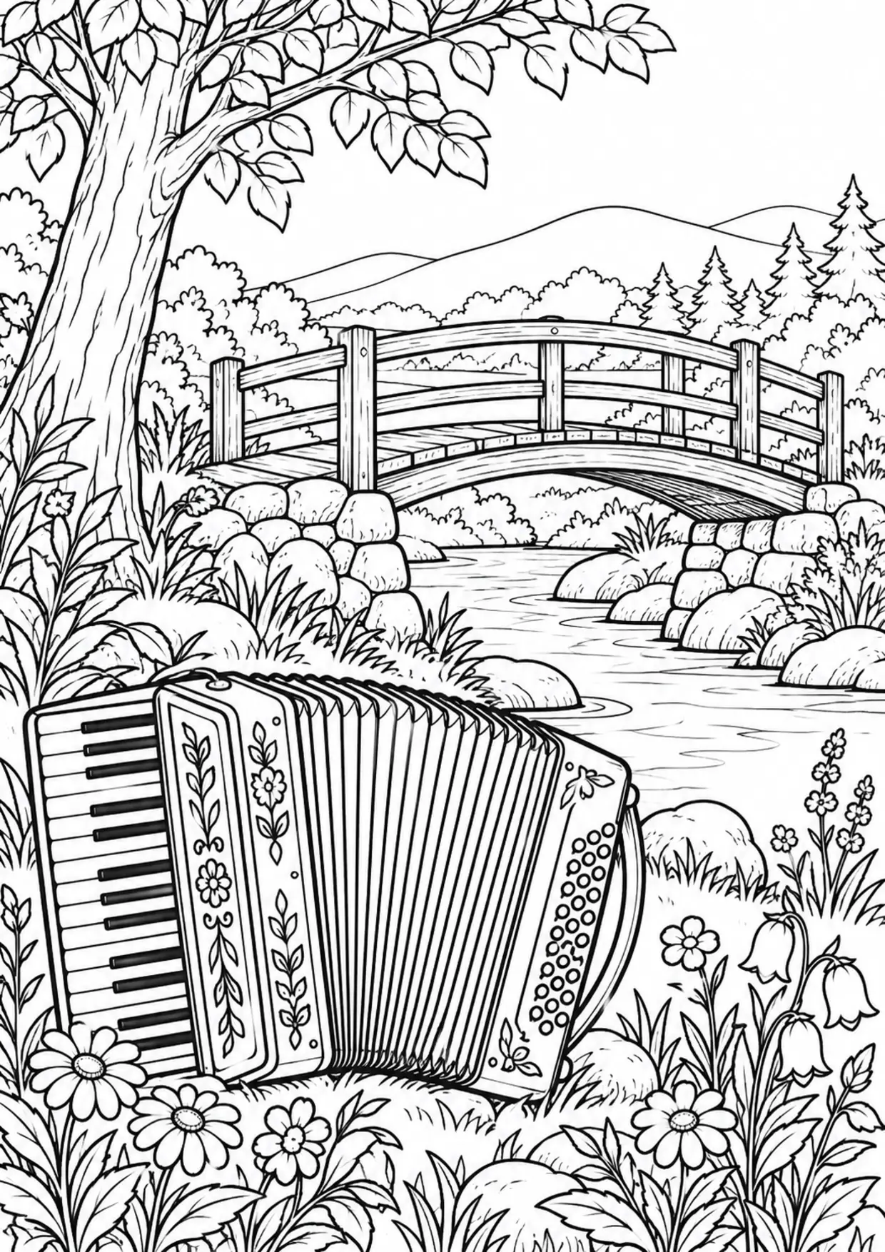 Coloriage accordéon : new à imprimer montrant new, dessin noir et blanc
