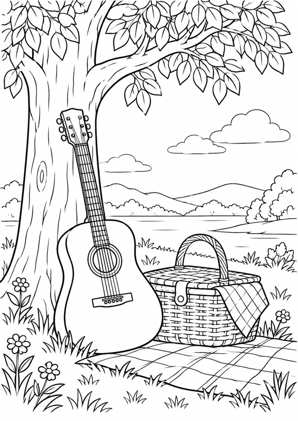 Coloriage guitare : new à imprimer montrant new, dessin noir et blanc