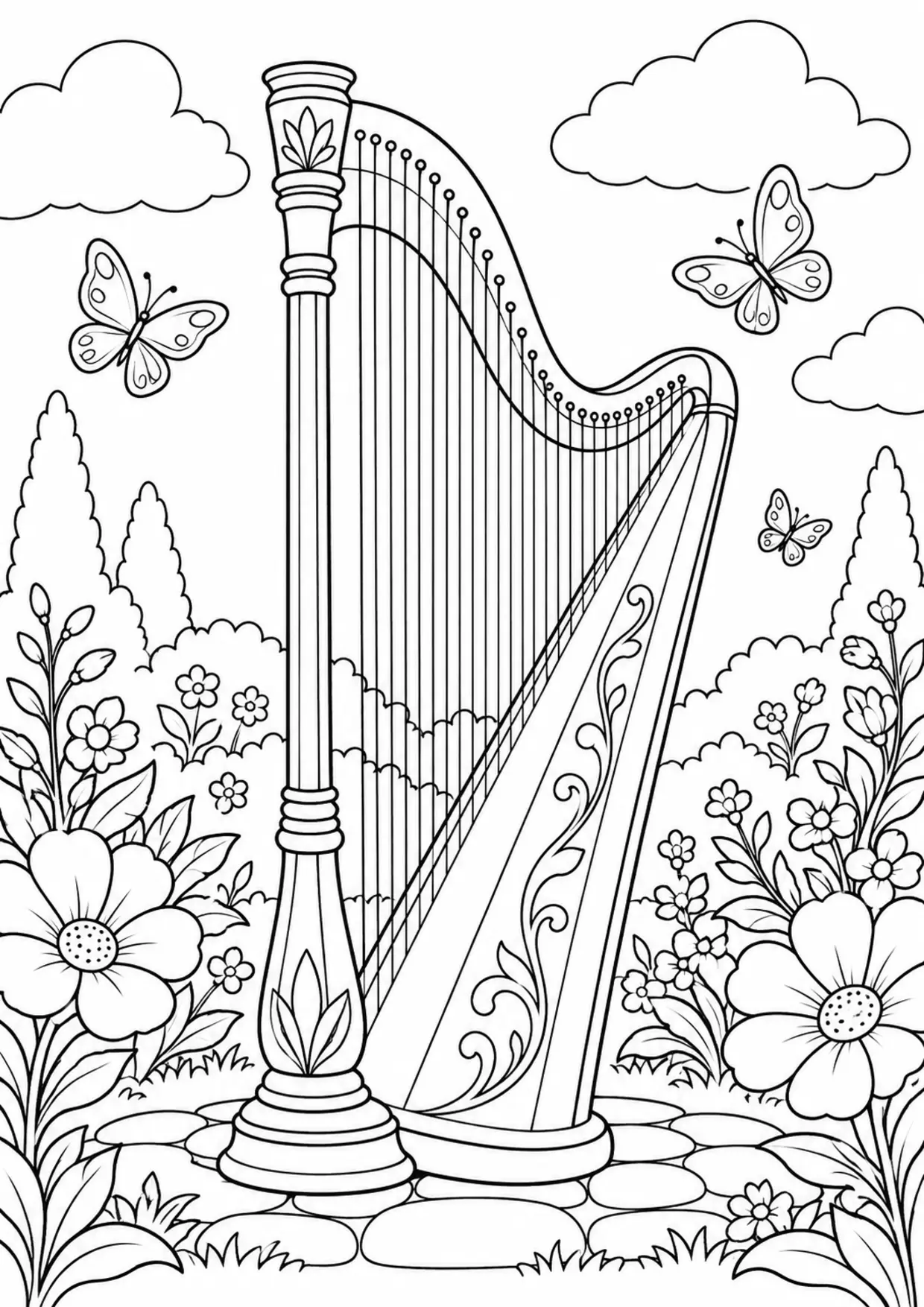 Coloriage harpe : existing à imprimer montrant existing, dessin noir et blanc