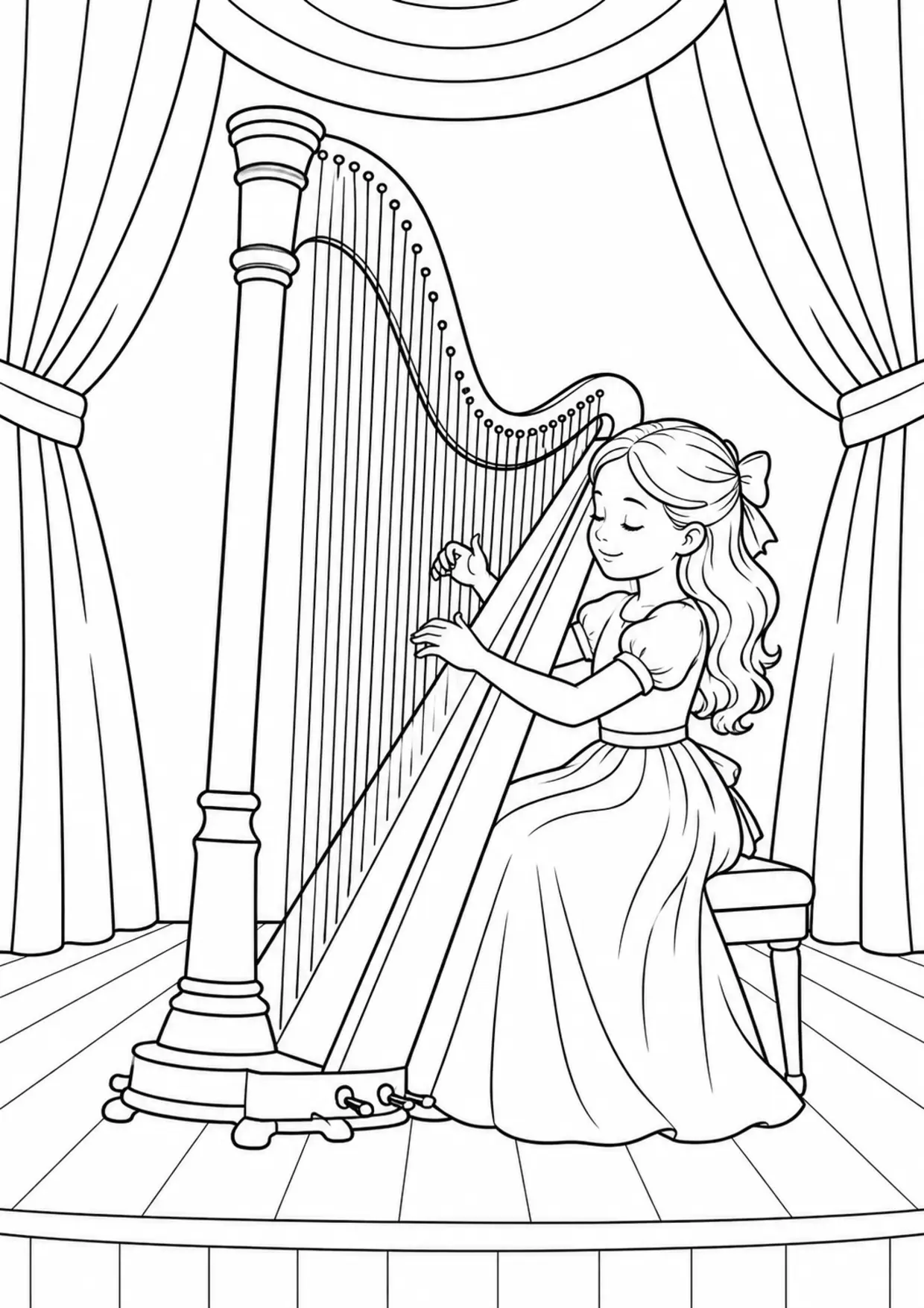 Coloriage harpe : existing à imprimer montrant existing, dessin noir et blanc