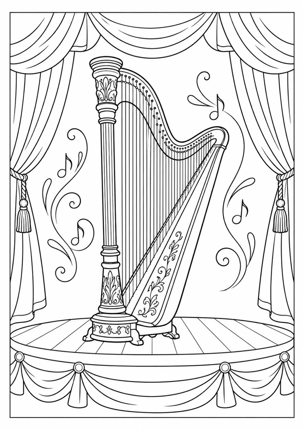 Coloriage harpe : existing à imprimer montrant existing, dessin noir et blanc