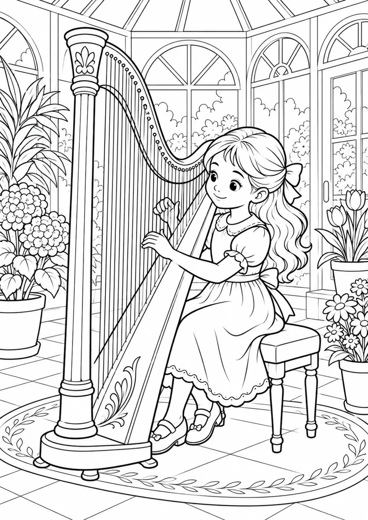 Coloriage harpe : new à imprimer montrant new, dessin noir et blanc