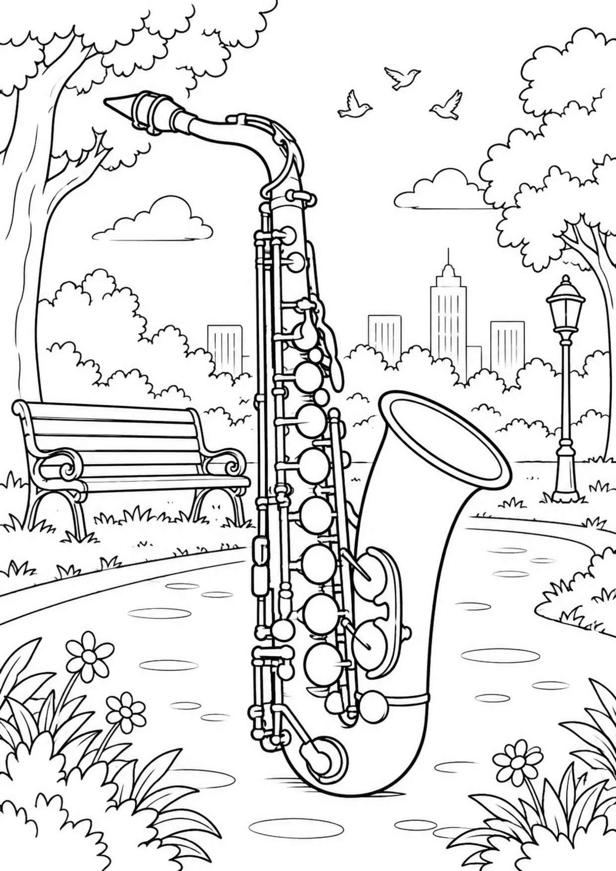 Coloriage saxophone : existing à imprimer montrant existing, dessin noir et blanc