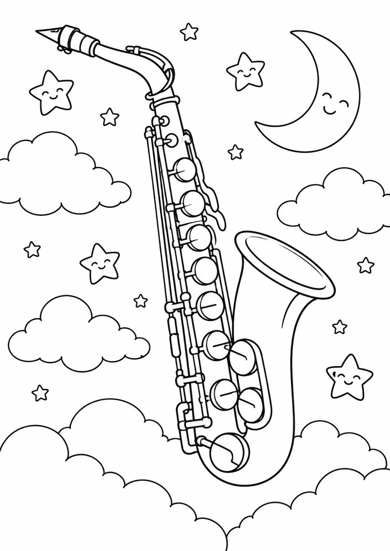 Coloriage saxophone : existing à imprimer montrant existing, dessin noir et blanc