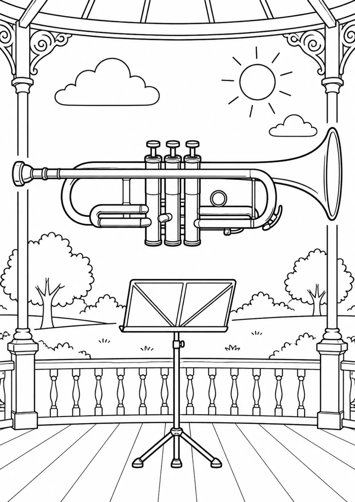 Coloriage trompette : existing à imprimer montrant existing, dessin noir et blanc
