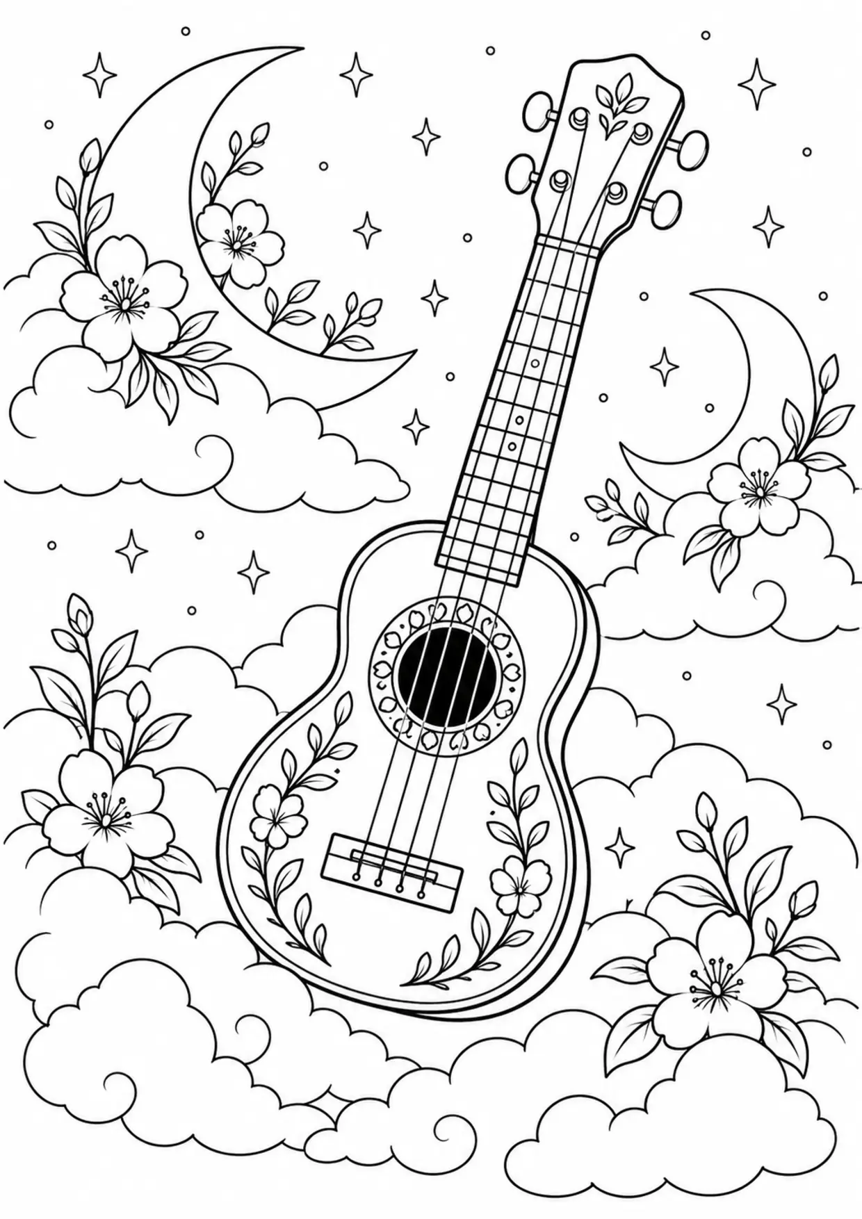 Coloriage ukulélé : existing à imprimer montrant existing, dessin noir et blanc