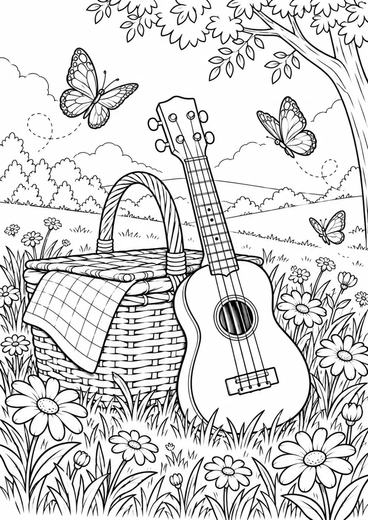Coloriage ukulélé : existing à imprimer montrant existing, dessin noir et blanc