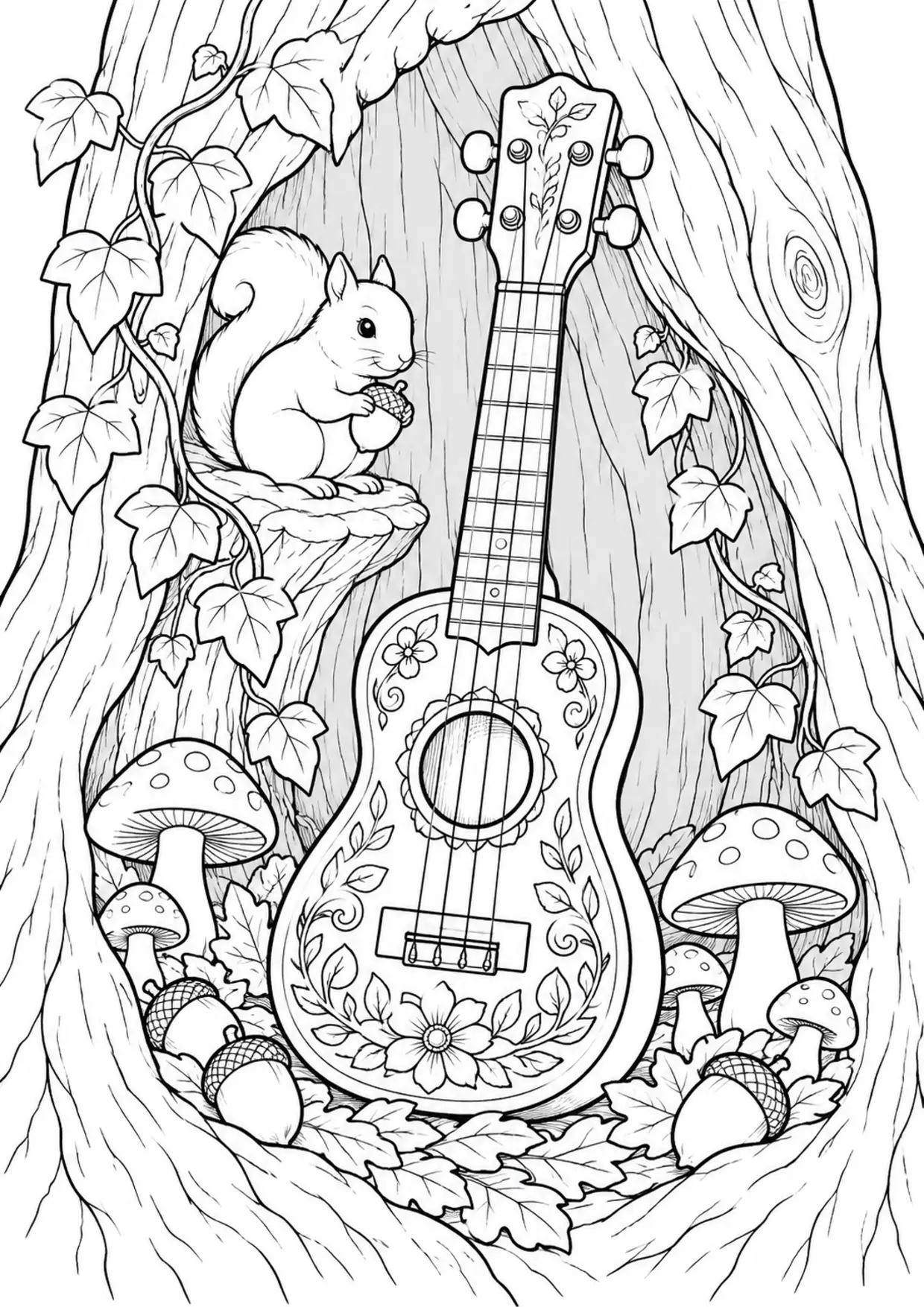 Coloriage ukulélé : existing à imprimer montrant existing, dessin noir et blanc