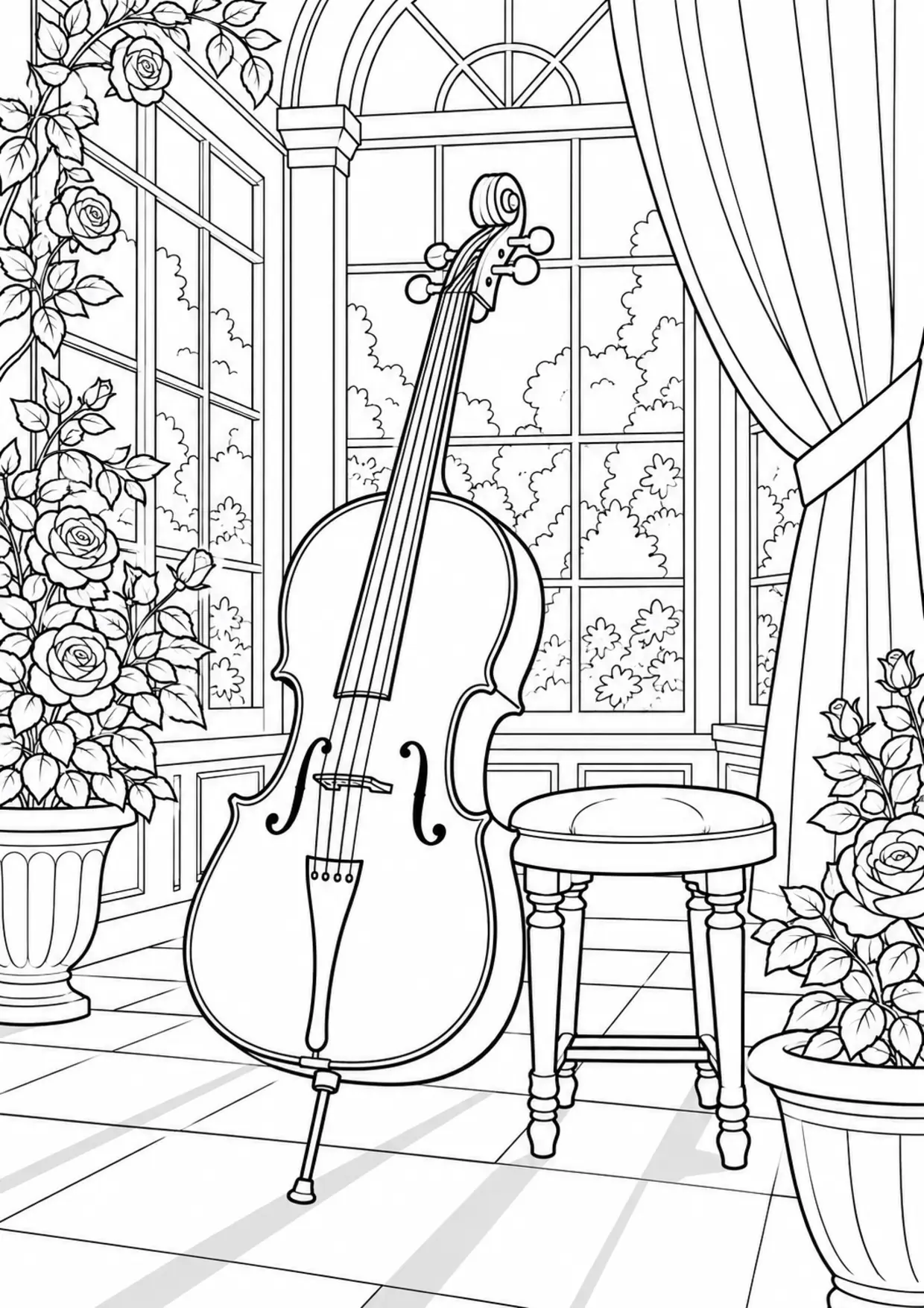 Coloriage violoncelle : new à imprimer montrant new, dessin noir et blanc