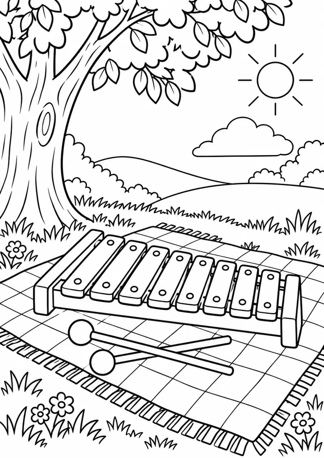 Coloriage xylophone : new à imprimer montrant new, dessin noir et blanc