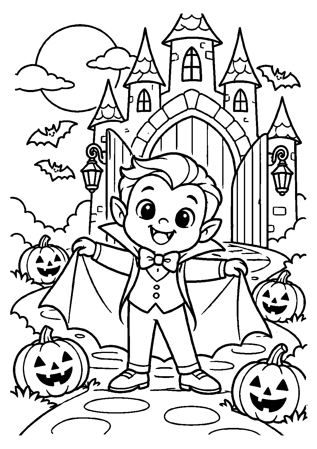 Vampire ouvrant sa cape devant un château d’Halloween à colorier