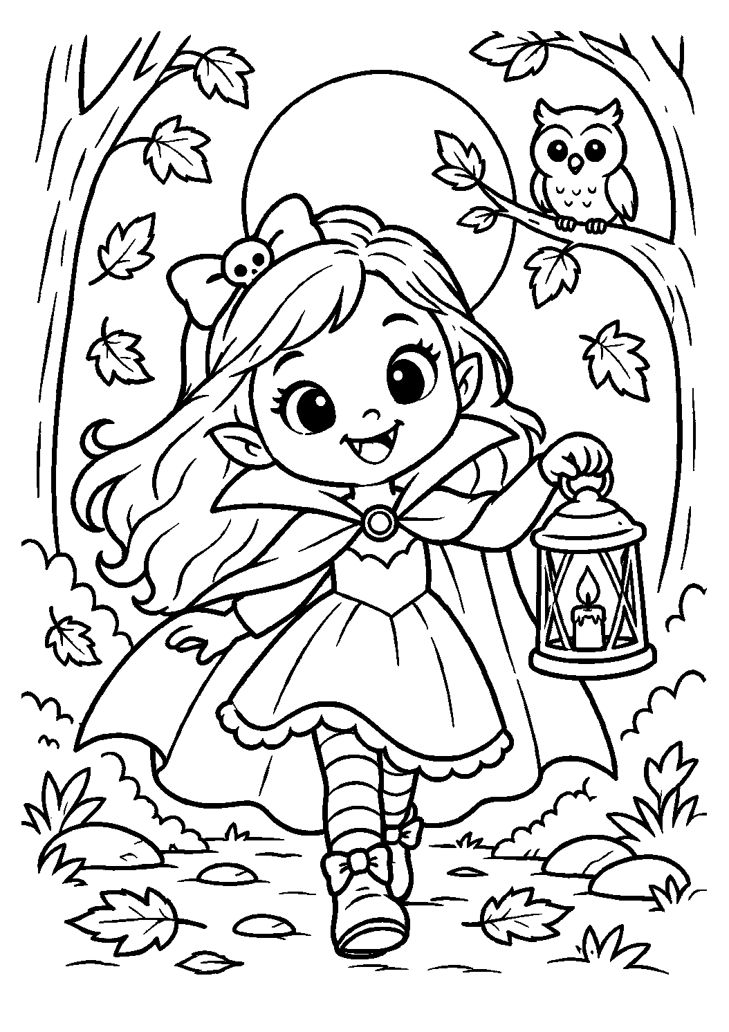 Jeune vampire avec une lanterne dans une forêt d’automne à colorier